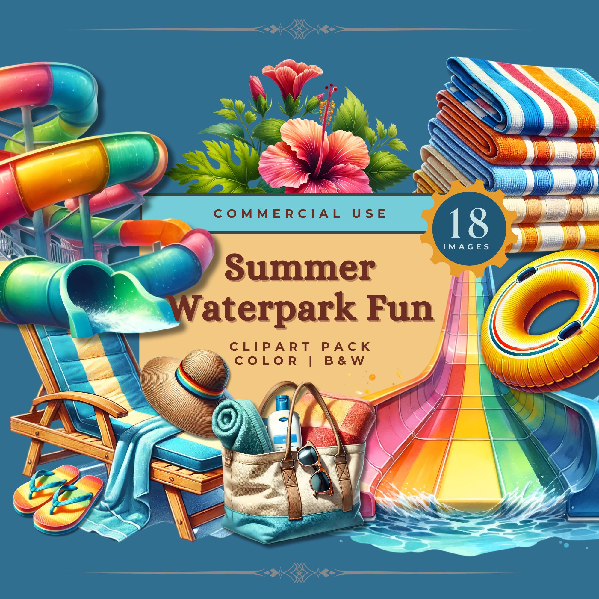 Waterpark Clipart for Summer Activities, Color & B&W, PNG, Waterslides, Pools & Splash Pads
