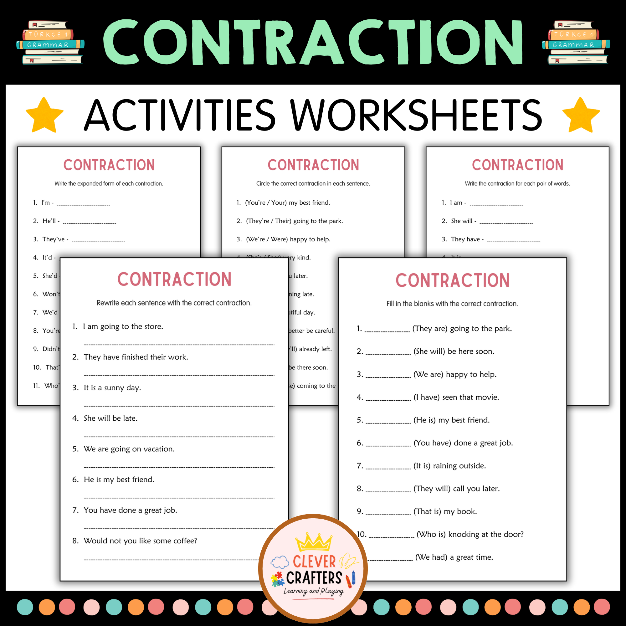 Printable Contractions Grammar Worksheets - Apostrophe Contraction for Grade 2