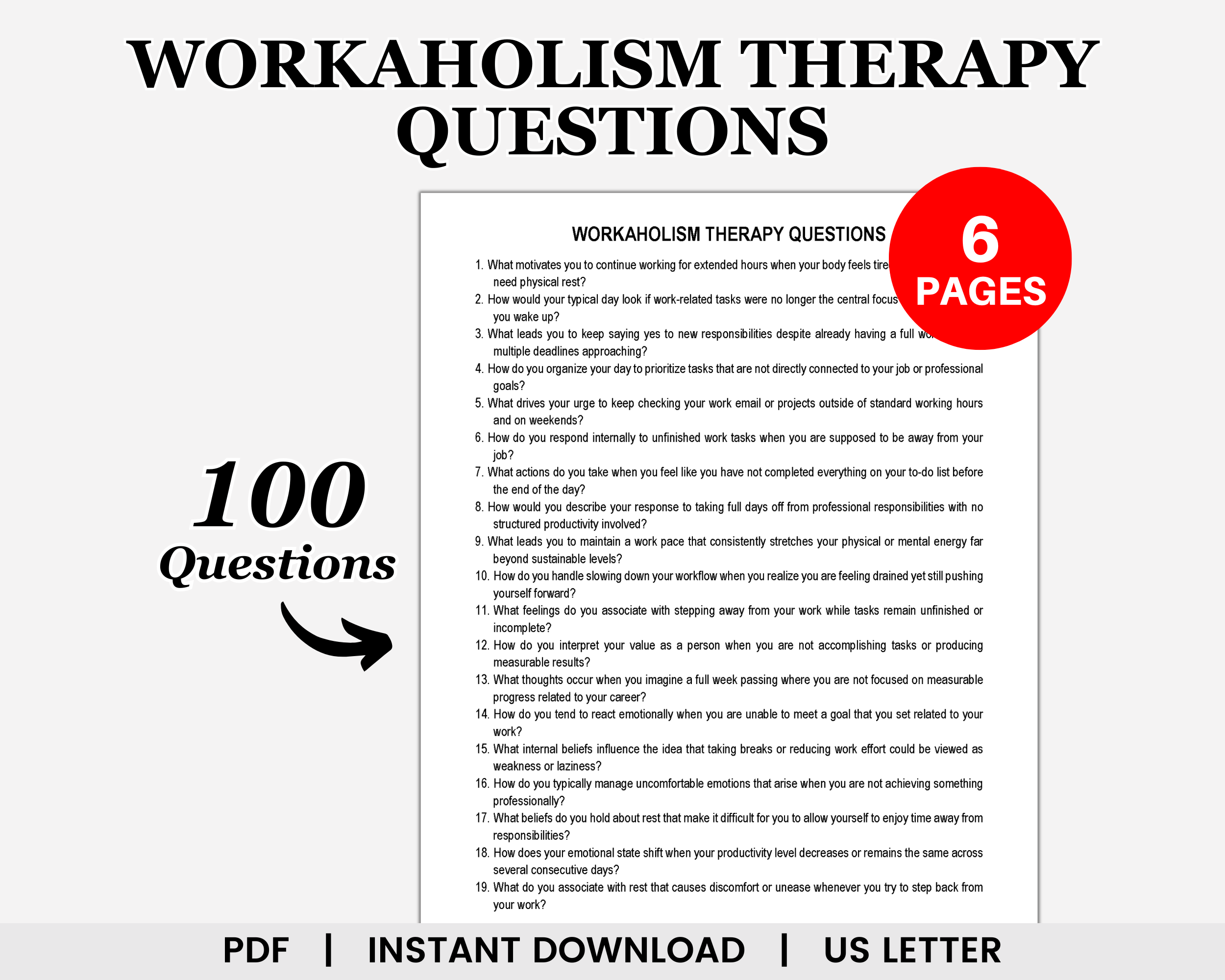 Workaholism Therapy Questions, Workaholic, Work Addiction, Burnout Prevention, Job Stress