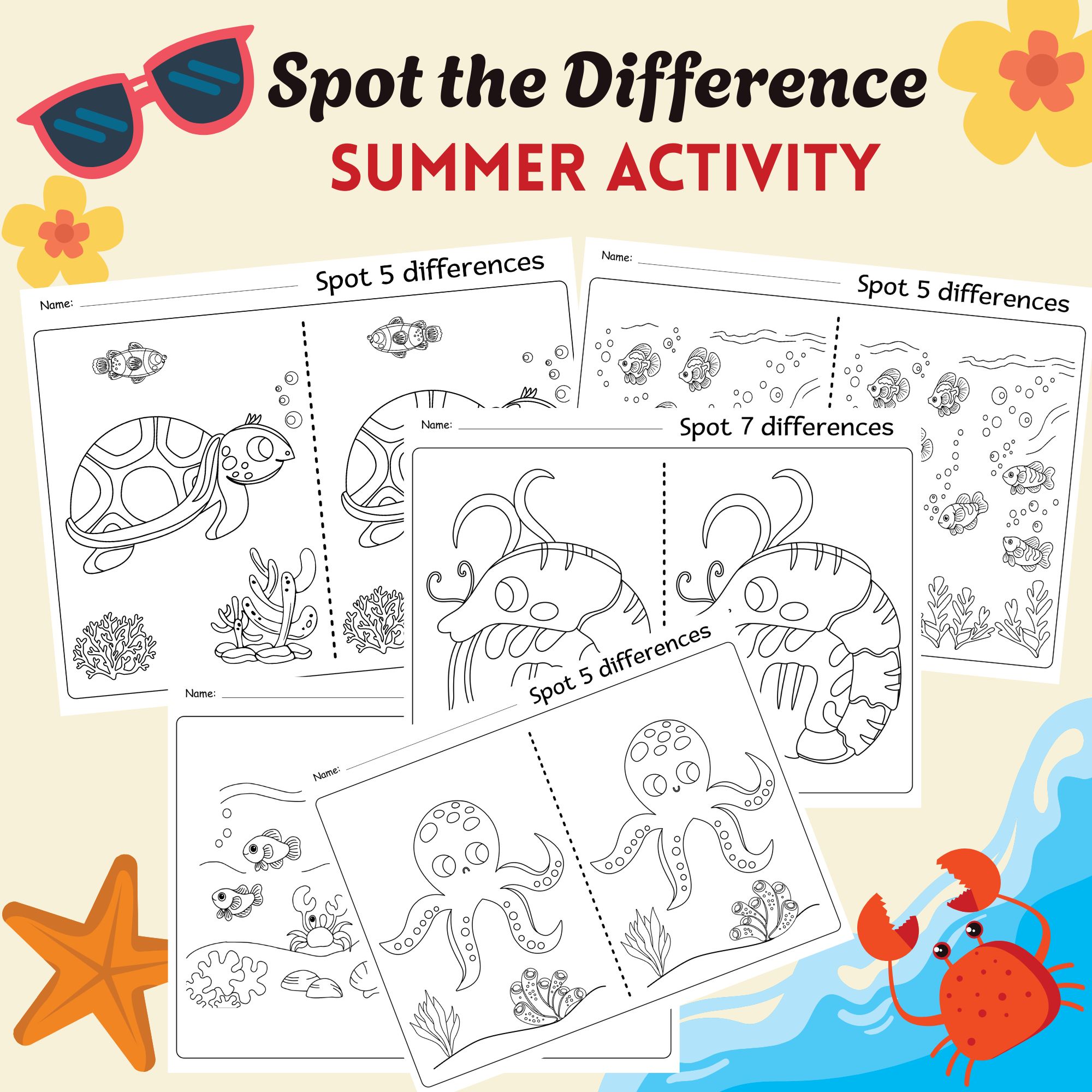 Spot the Difference and Color / Search & Find Summer Activity For Kids