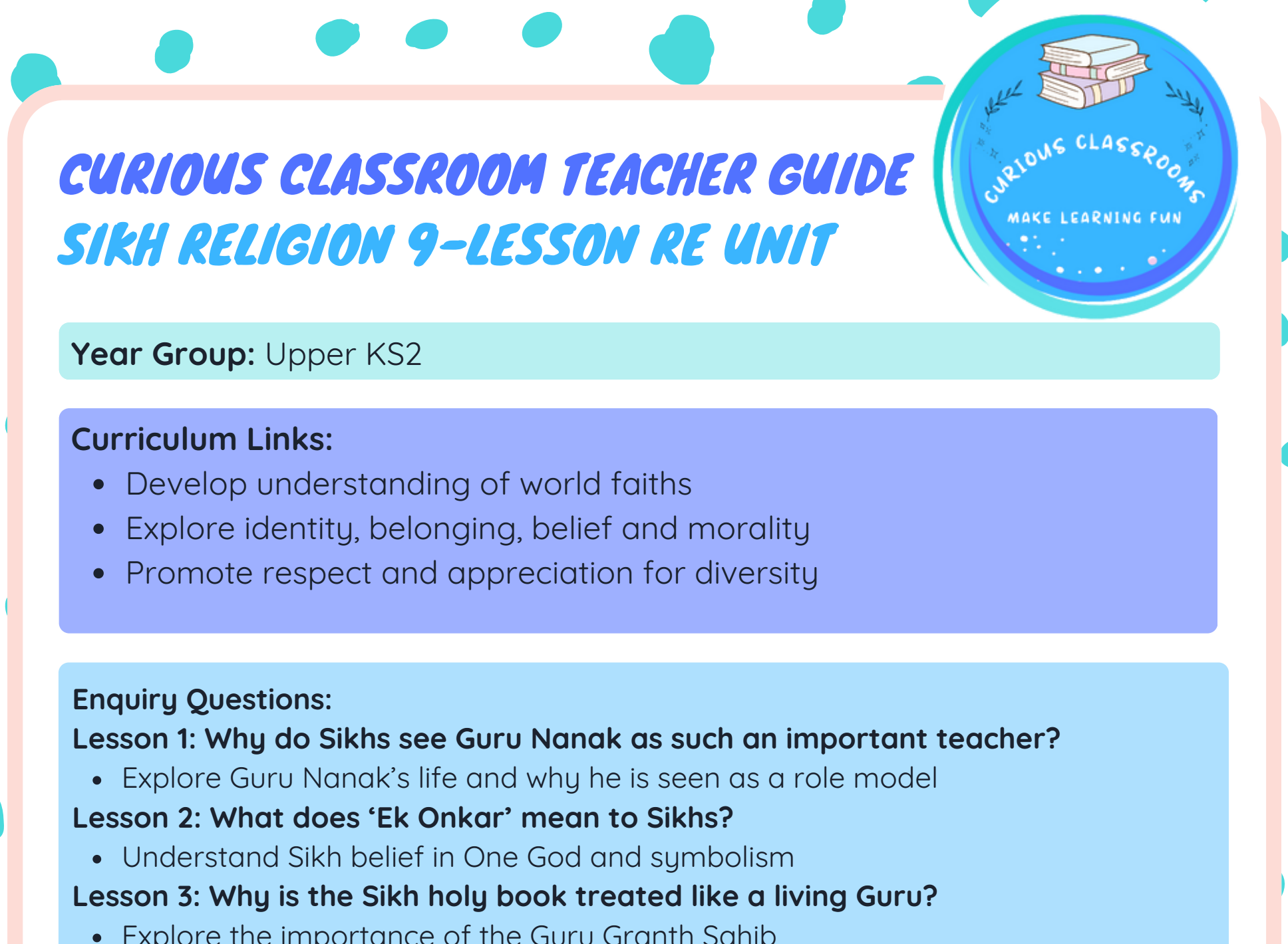 Curious Classrooms Sikh Religion KS2 Teacher Guide | Planning Overview & Enquiry Questions