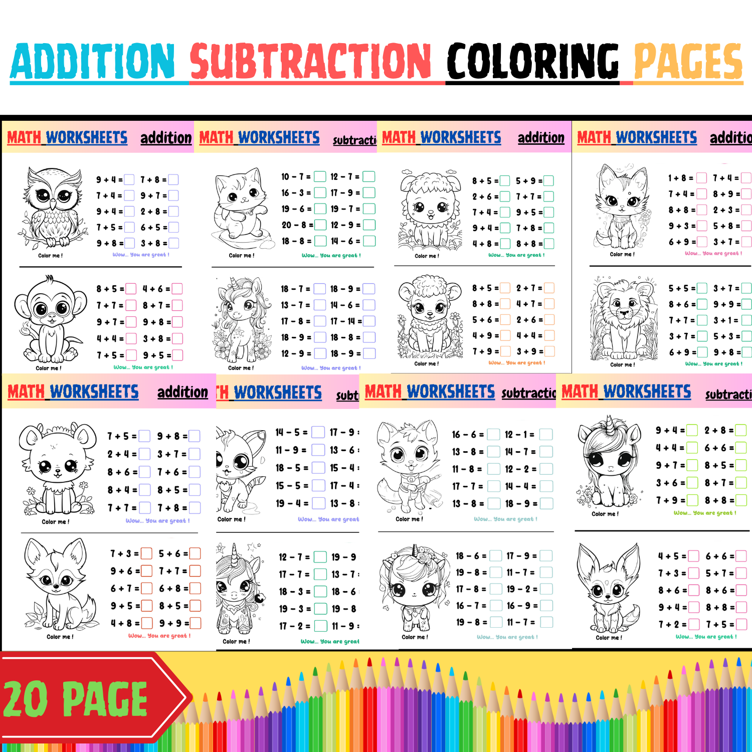 Addition & Subtraction Coloring Pages - Spring Kindergarten Math Add up 20 page