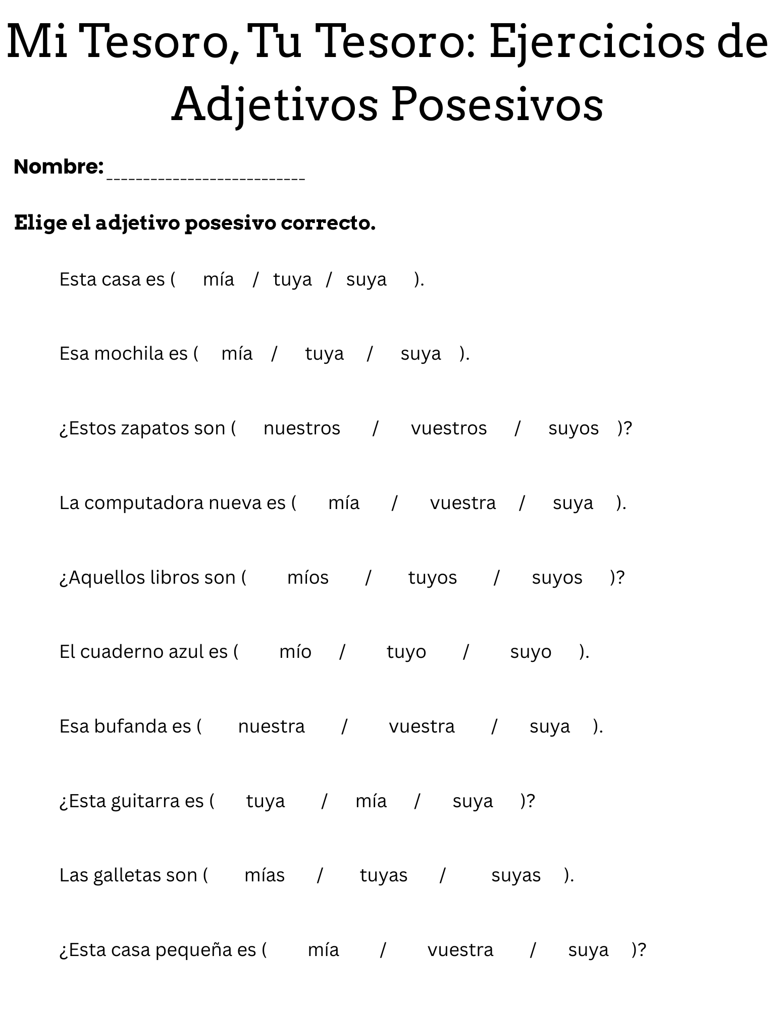 stressed possessive adjectives in spanish worksheet with answer key