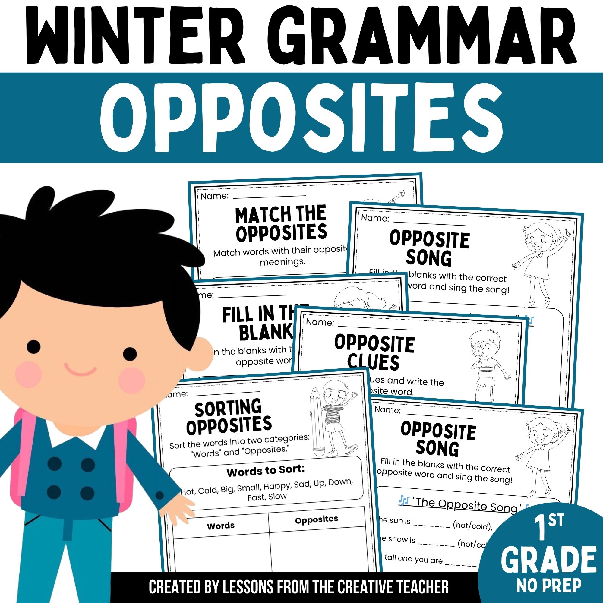 First grade winter grammar worksheets | opposites daily grammar practice