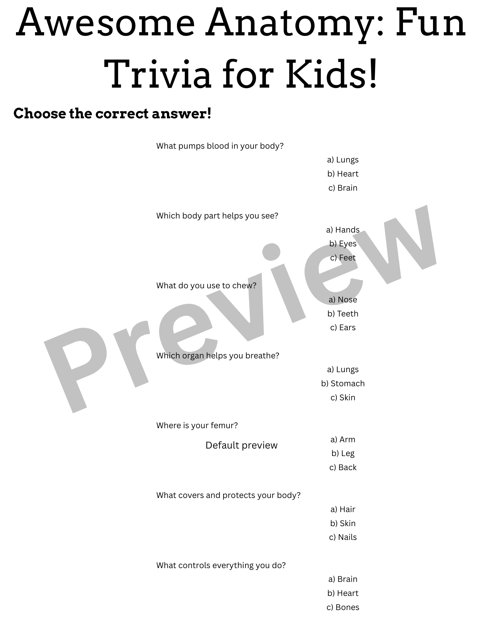 anatomy trivia questions for kids - human body questions for kids with answers
