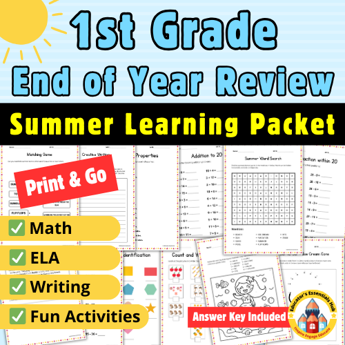 1st Grade End of Year Review Packet | Summer No Prep Math, ELA, Writing & More