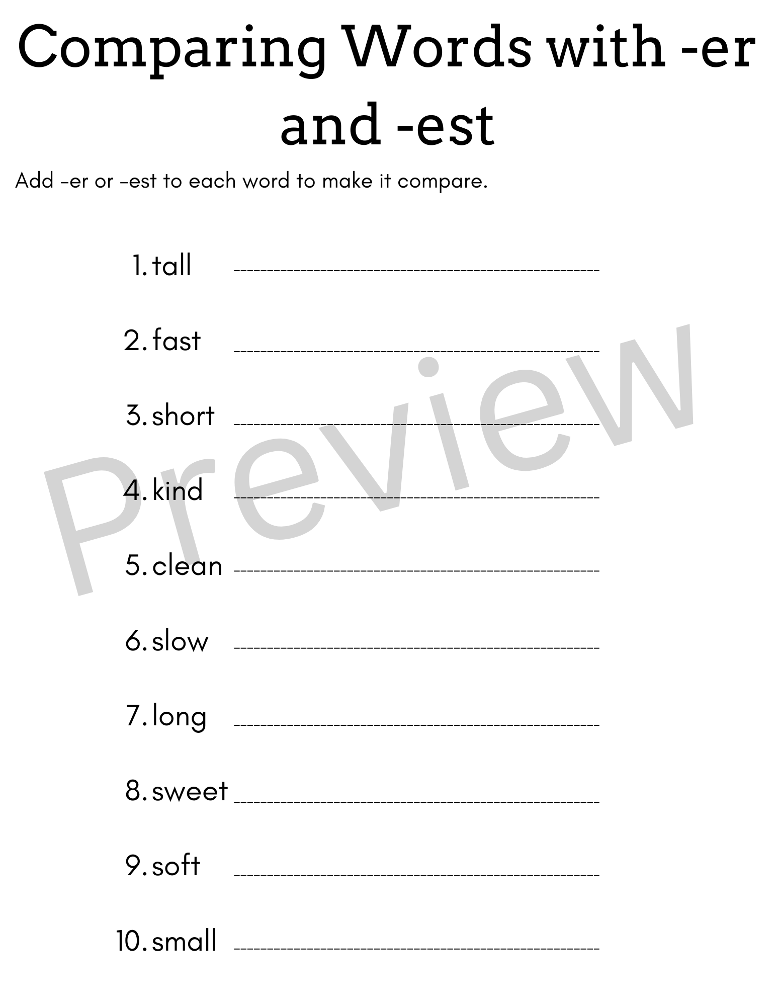 er or est ending worksheet with answers