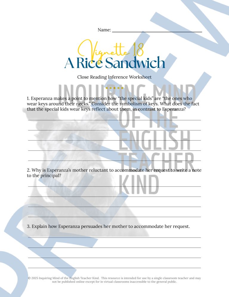 The House on Mango Street Close Reading Worksheet (A Rice Sandwich ...