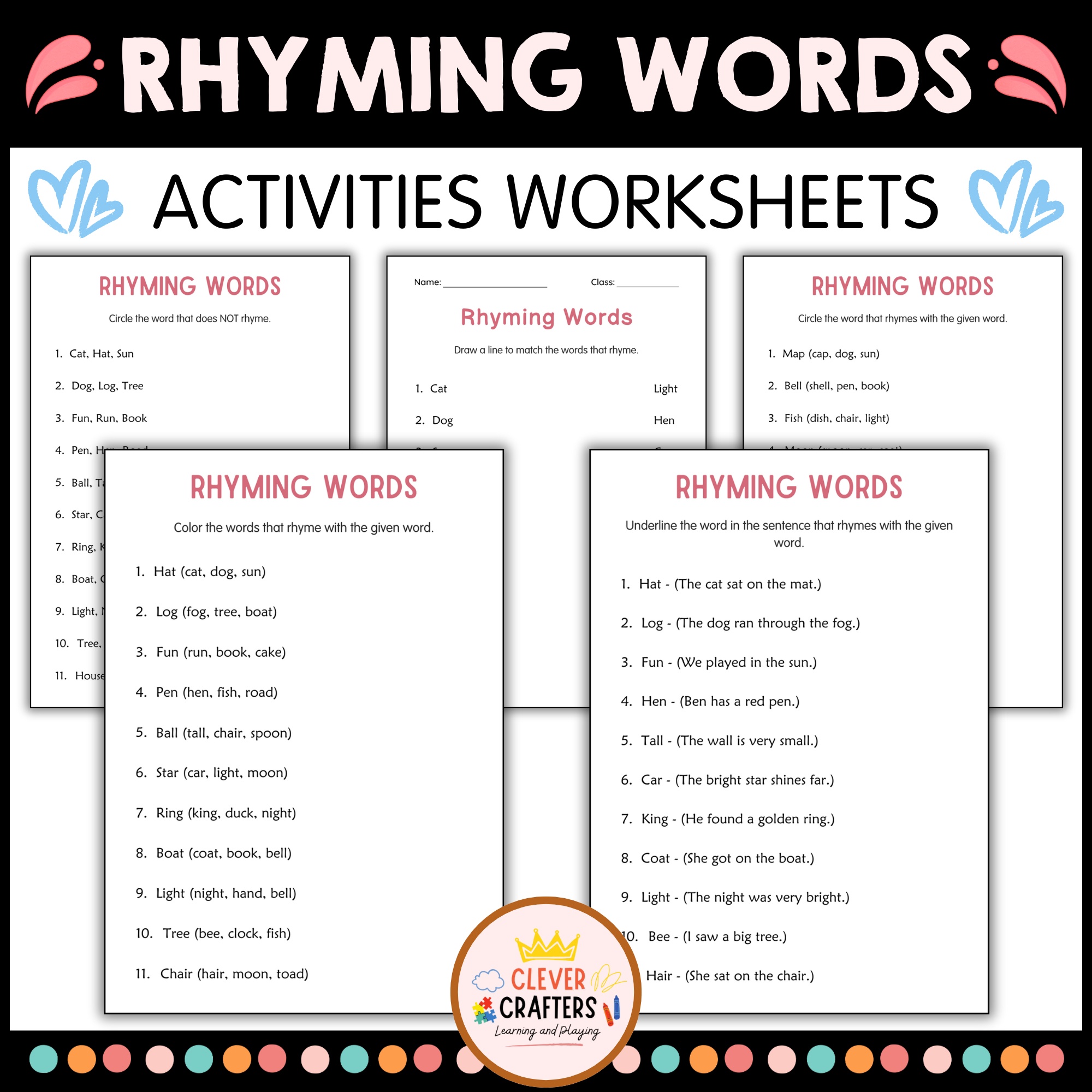 Printable Rhyming Words Activity Worksheets for Grade 2, 3, 4