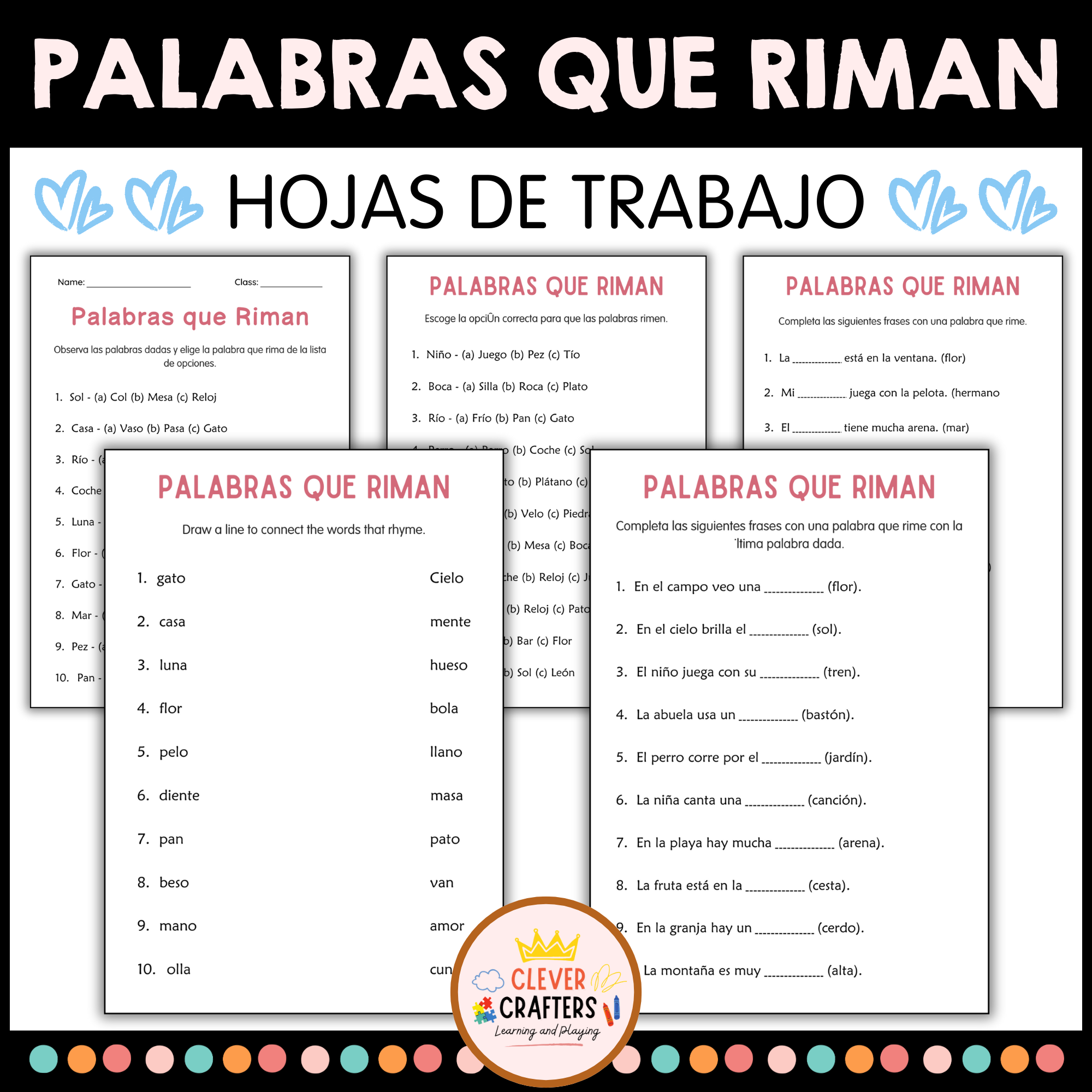 Rhyming Words Worksheets in Spanish - Hojas de Trabajo de Palabras que Riman