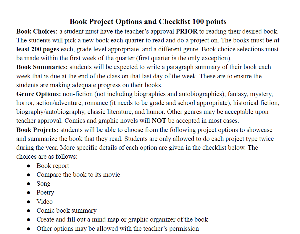 Book Project Options and Checklist