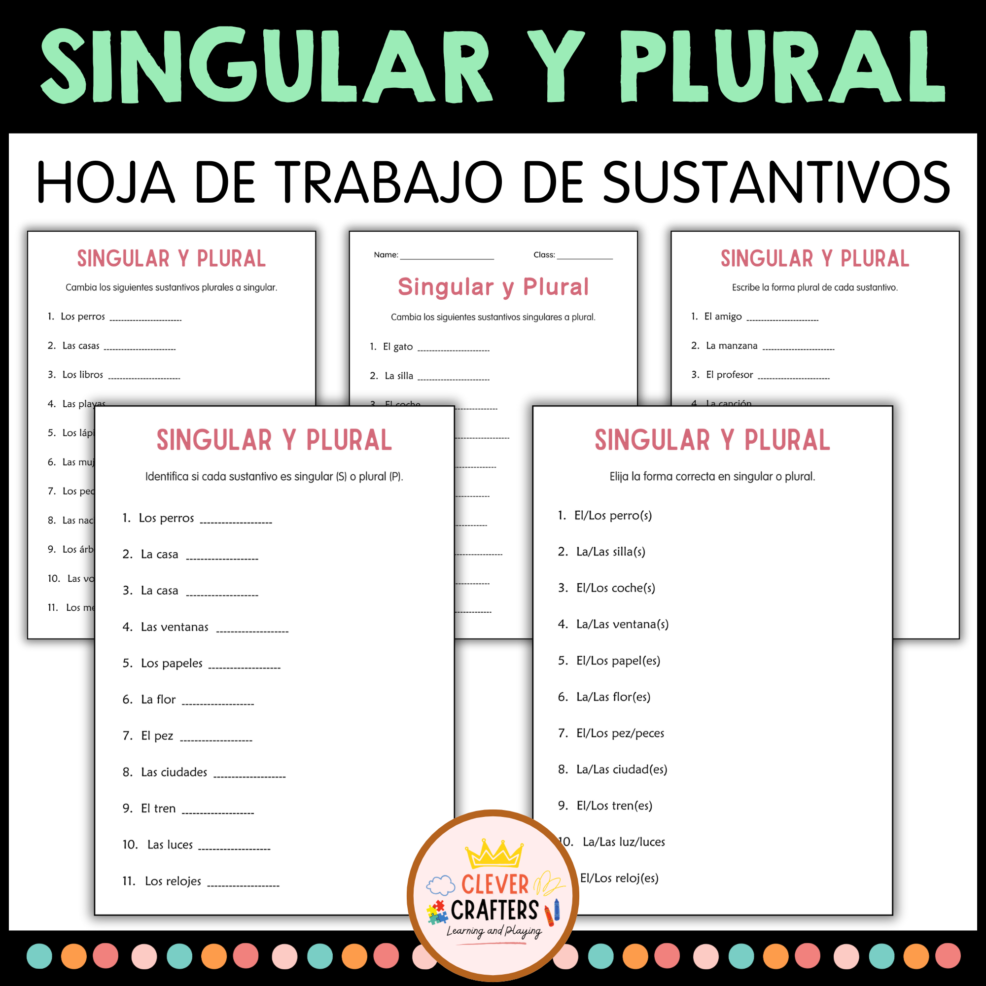 Printable Singular and Plural Nouns Worksheets in Spanish for Grade 2, 3, 4