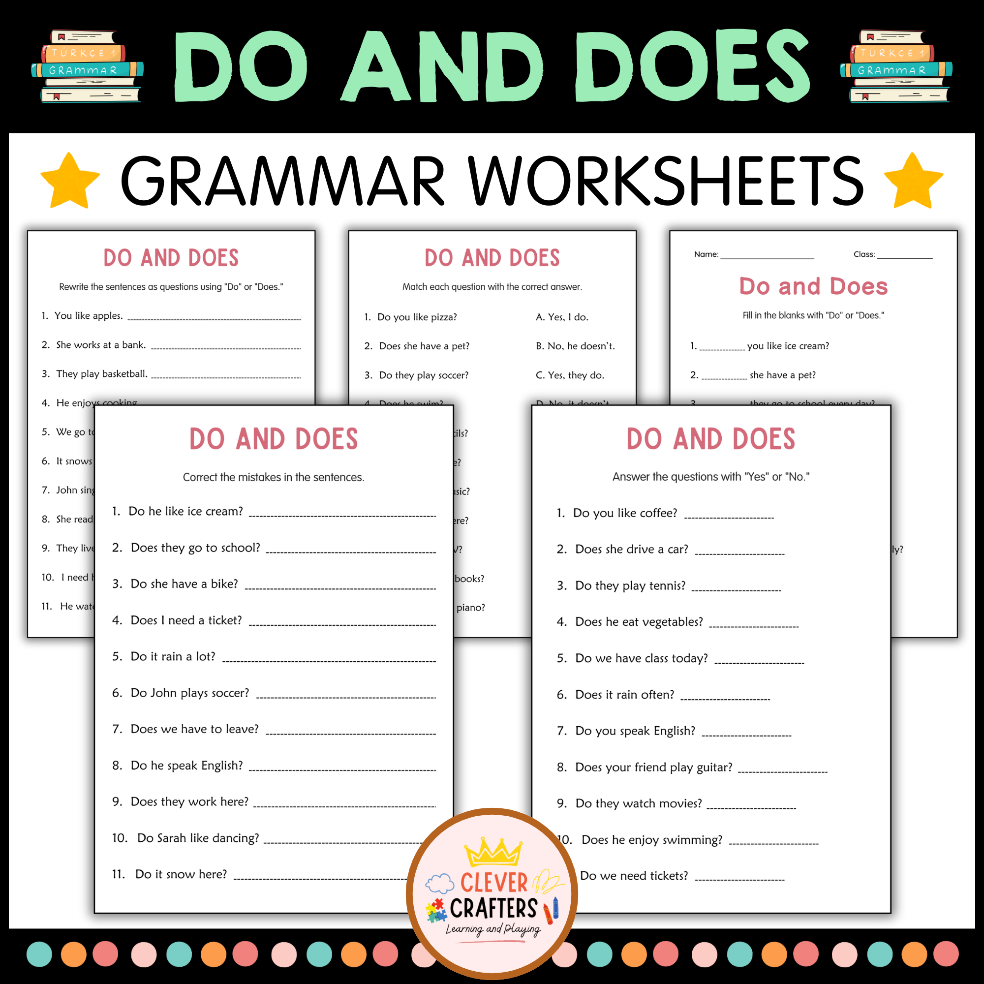 Printable Beginner Do and Does Grammar Activity Worksheets for Grade 2, 3, 4