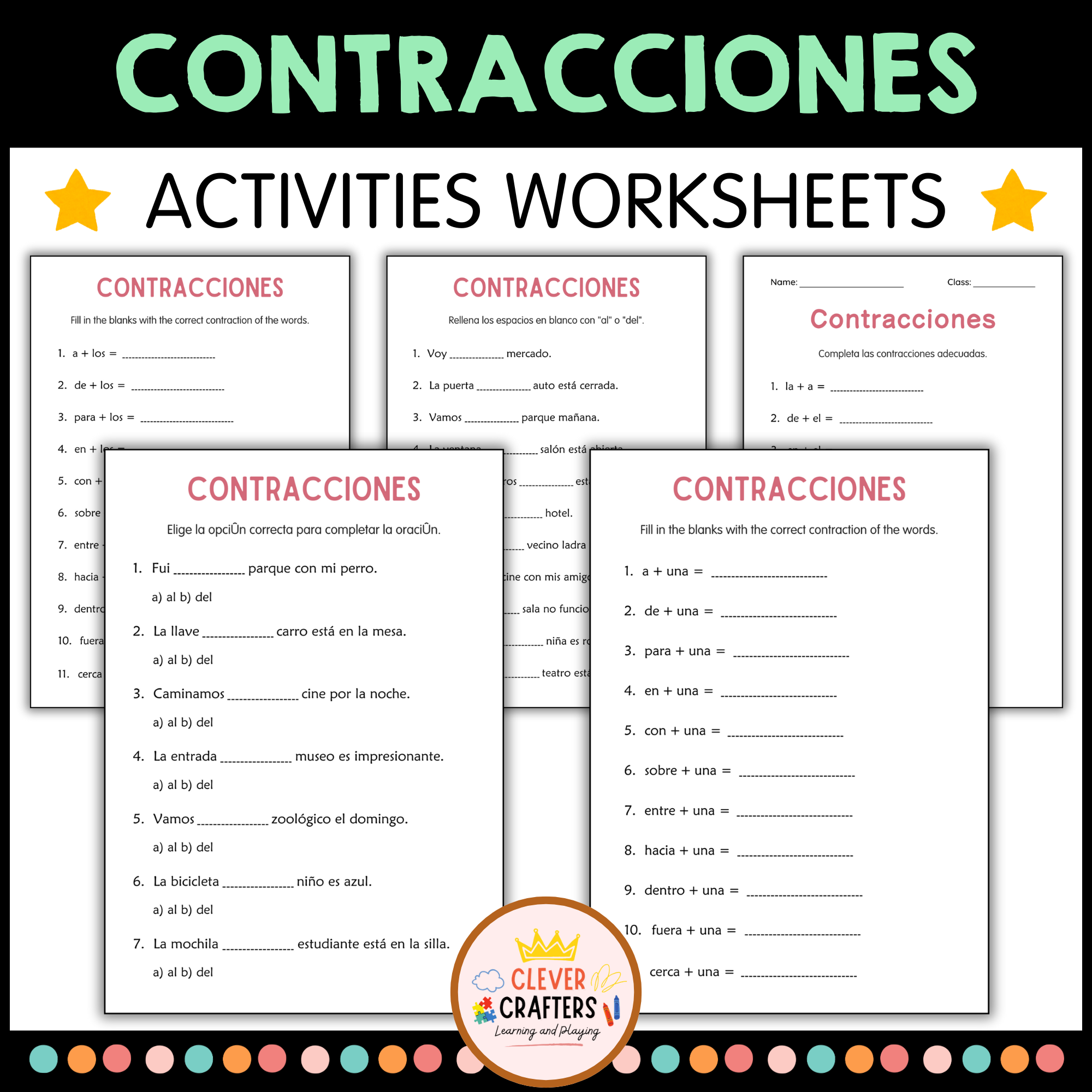 Contractions Grammar Worksheets in Spanish - Hojas de Trabajo de Contracciones