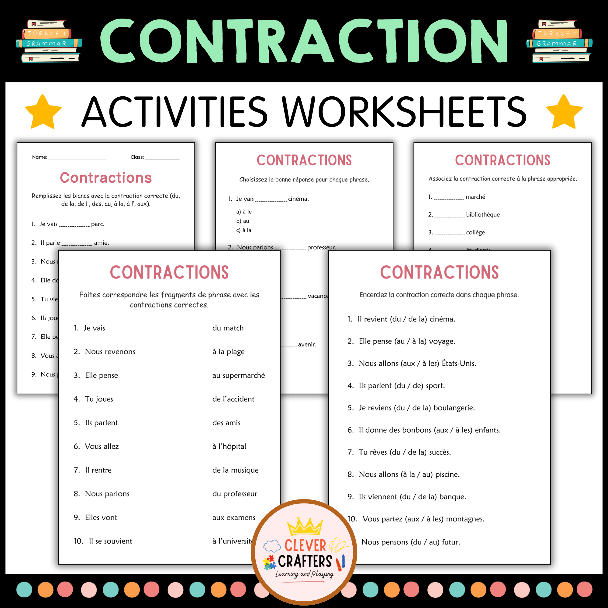 Contractions Worksheets in French - Feuilles de Travail sur les Contractions