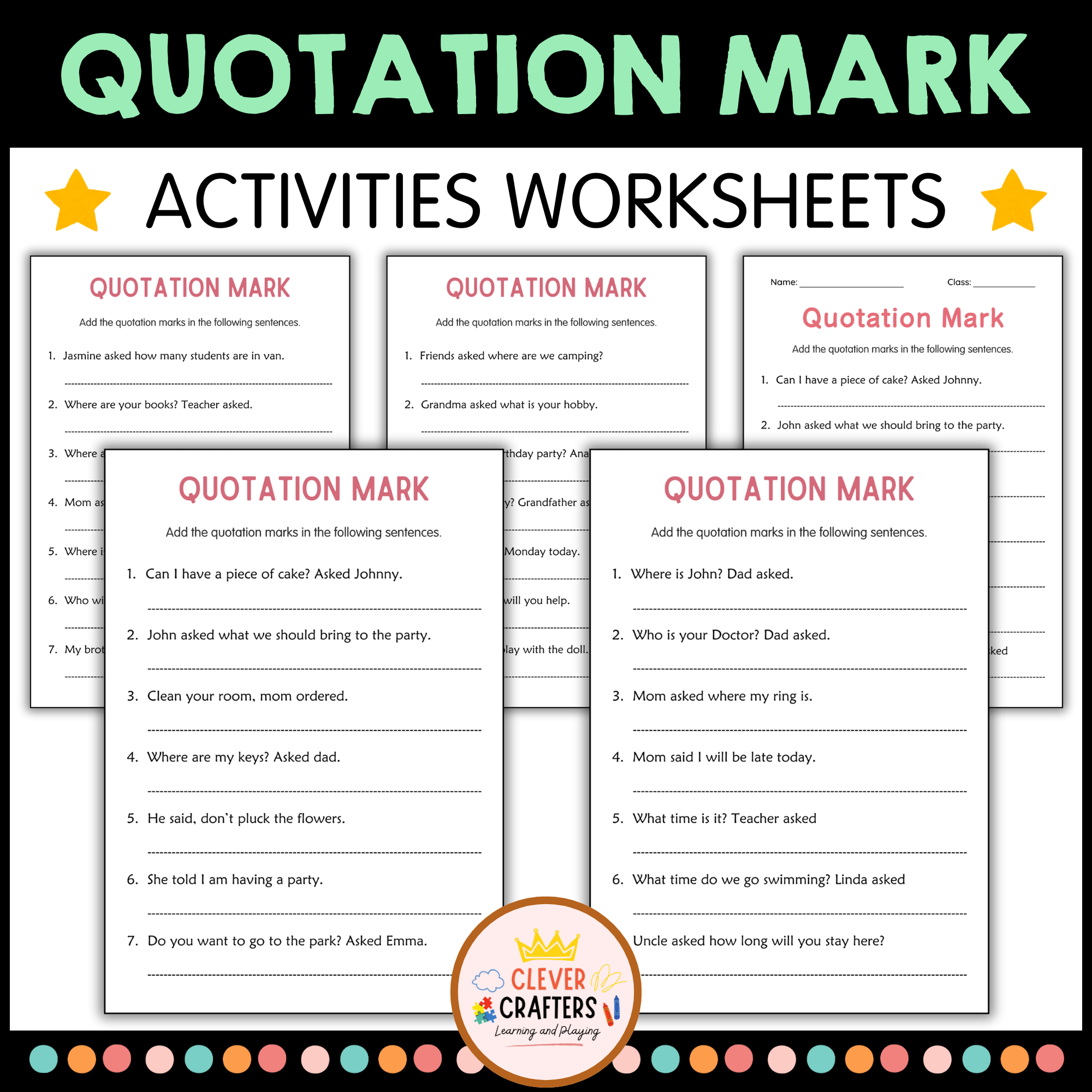 Printable Quotation Marks Grammer Activity Worksheets for Grade 2, 3, 4