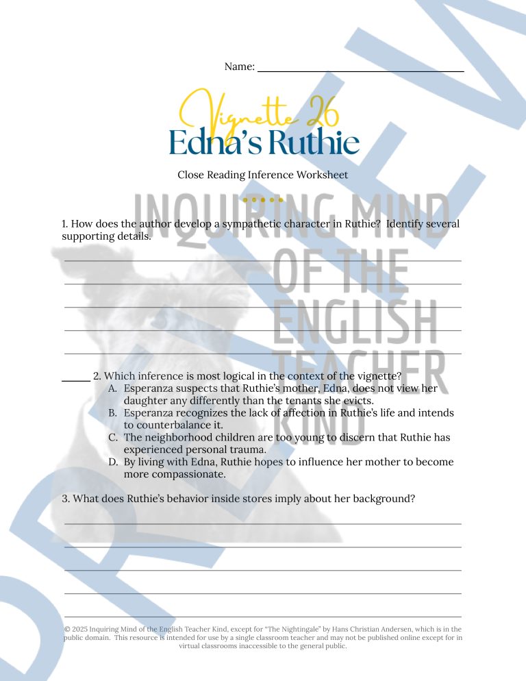 The House on Mango Street Close Reading Analysis Worksheet (Edna's ...