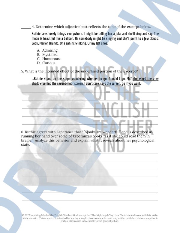 The House on Mango Street Close Reading Analysis Worksheet (Edna's ...
