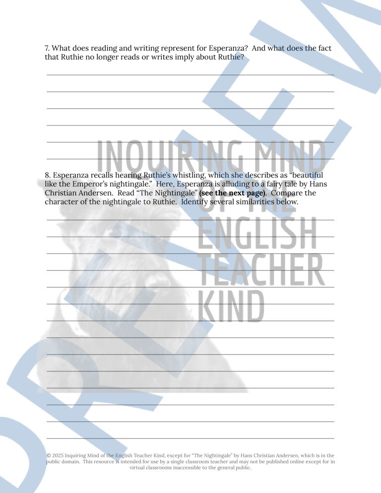 The House on Mango Street Close Reading Analysis Worksheet (Edna's ...