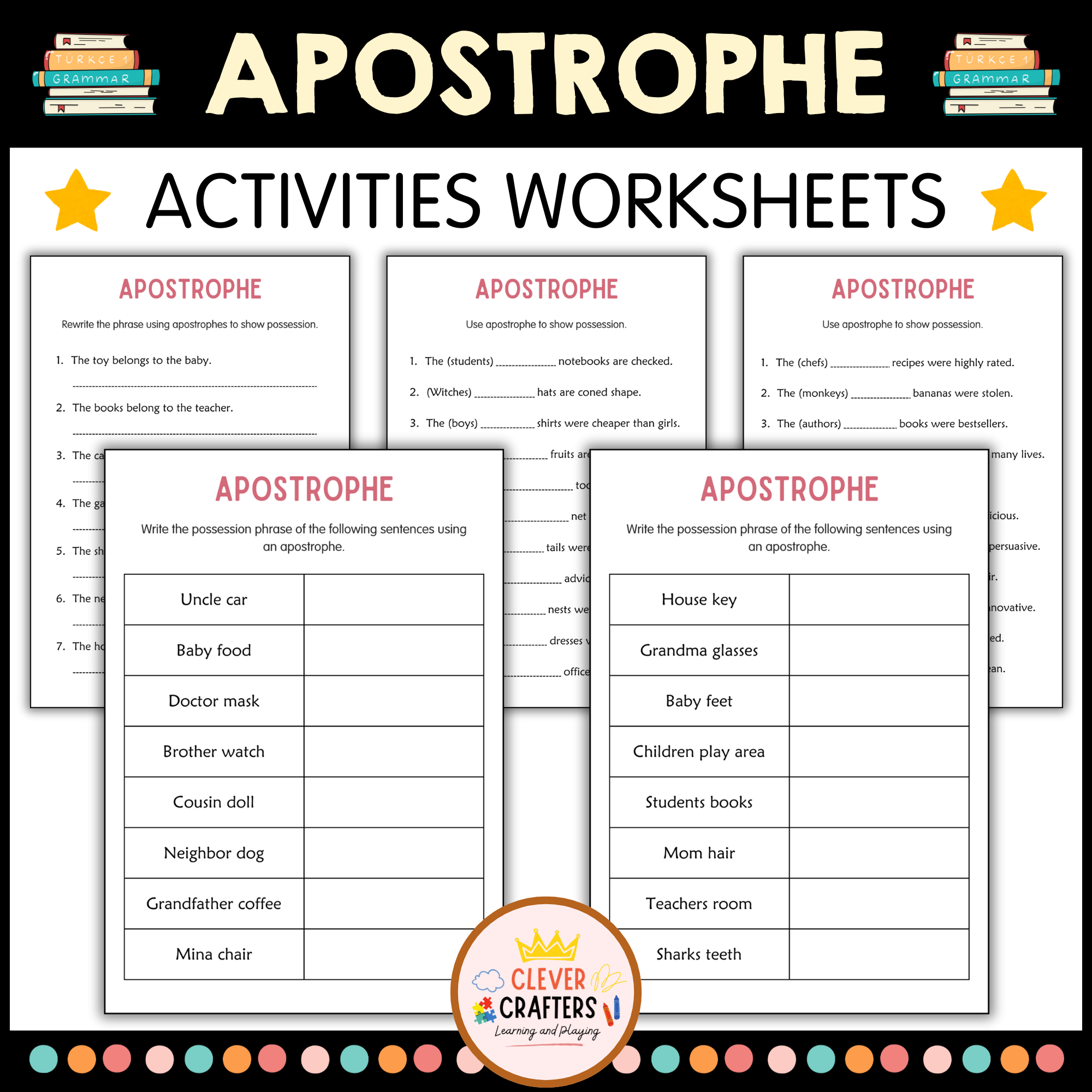 Printable Apostrophe Grammar Activity Worksheets for Grade 2, 3, 4