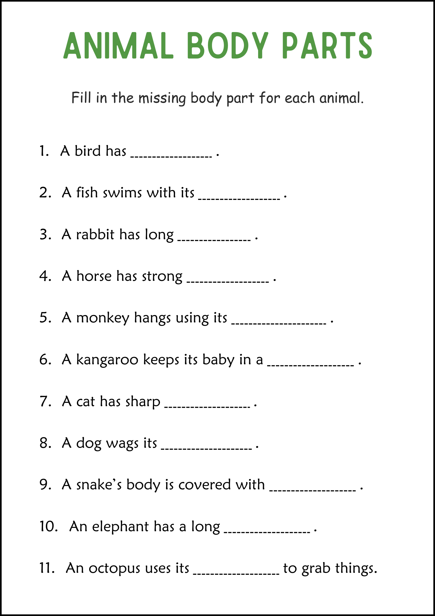 Printable Body Parts of Animals Activity Worksheets for Grade 2, 3, 4 ...