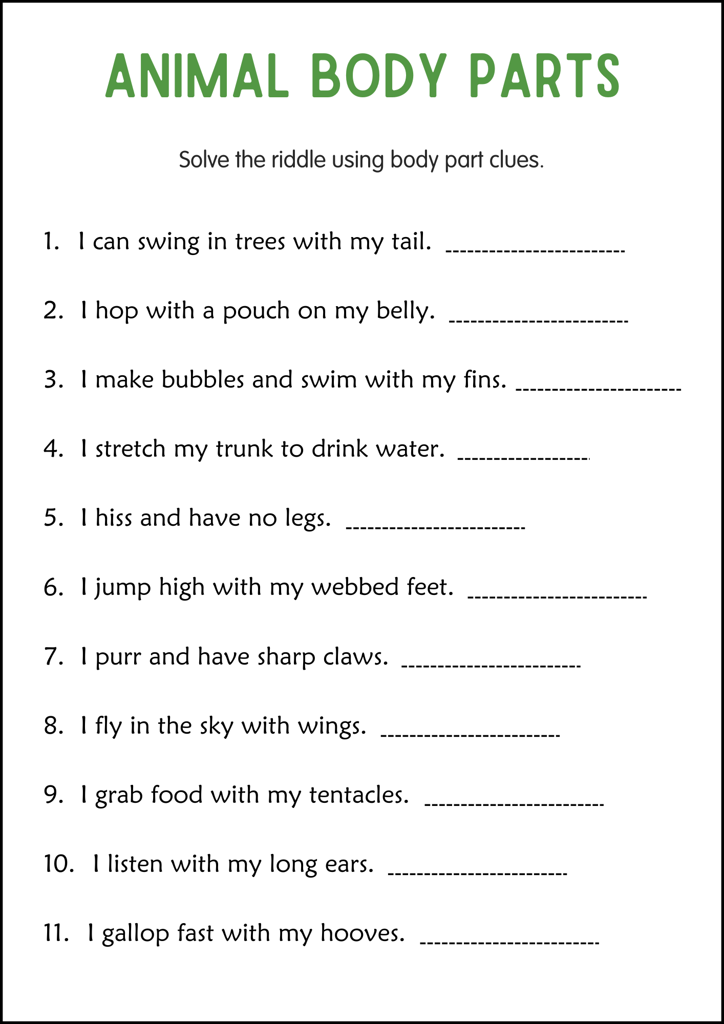 Printable Body Parts of Animals Activity Worksheets for Grade 2, 3, 4 ...