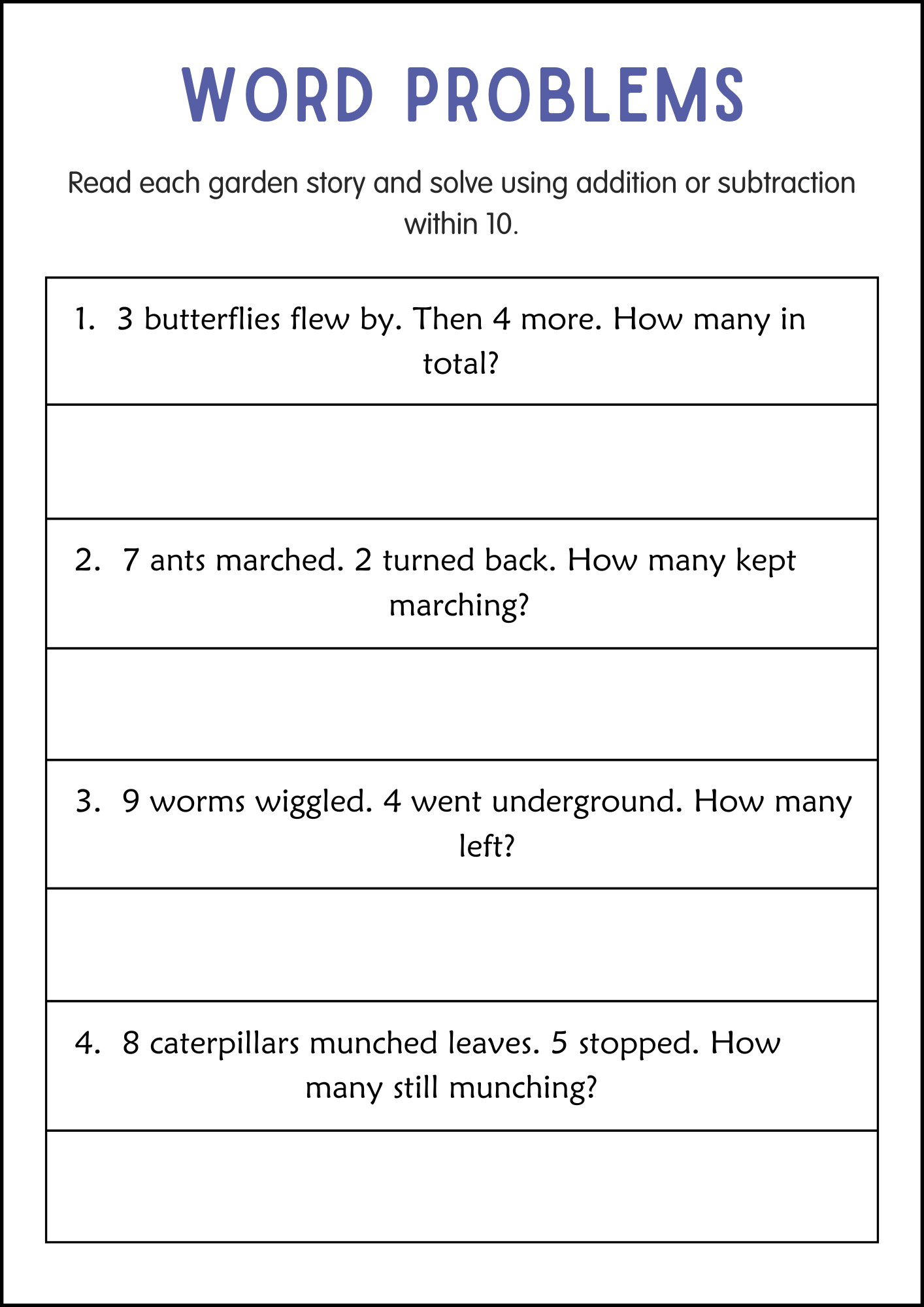 Addition and Subtraction Word Problems Within 10 Worksheets for Grade 1 ...