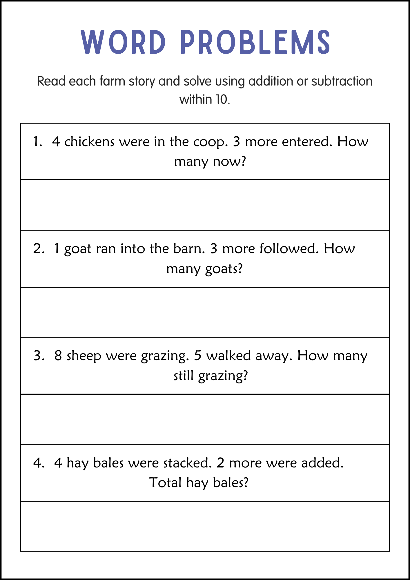 Addition and Subtraction Word Problems Within 10 Worksheets for Grade 1 ...