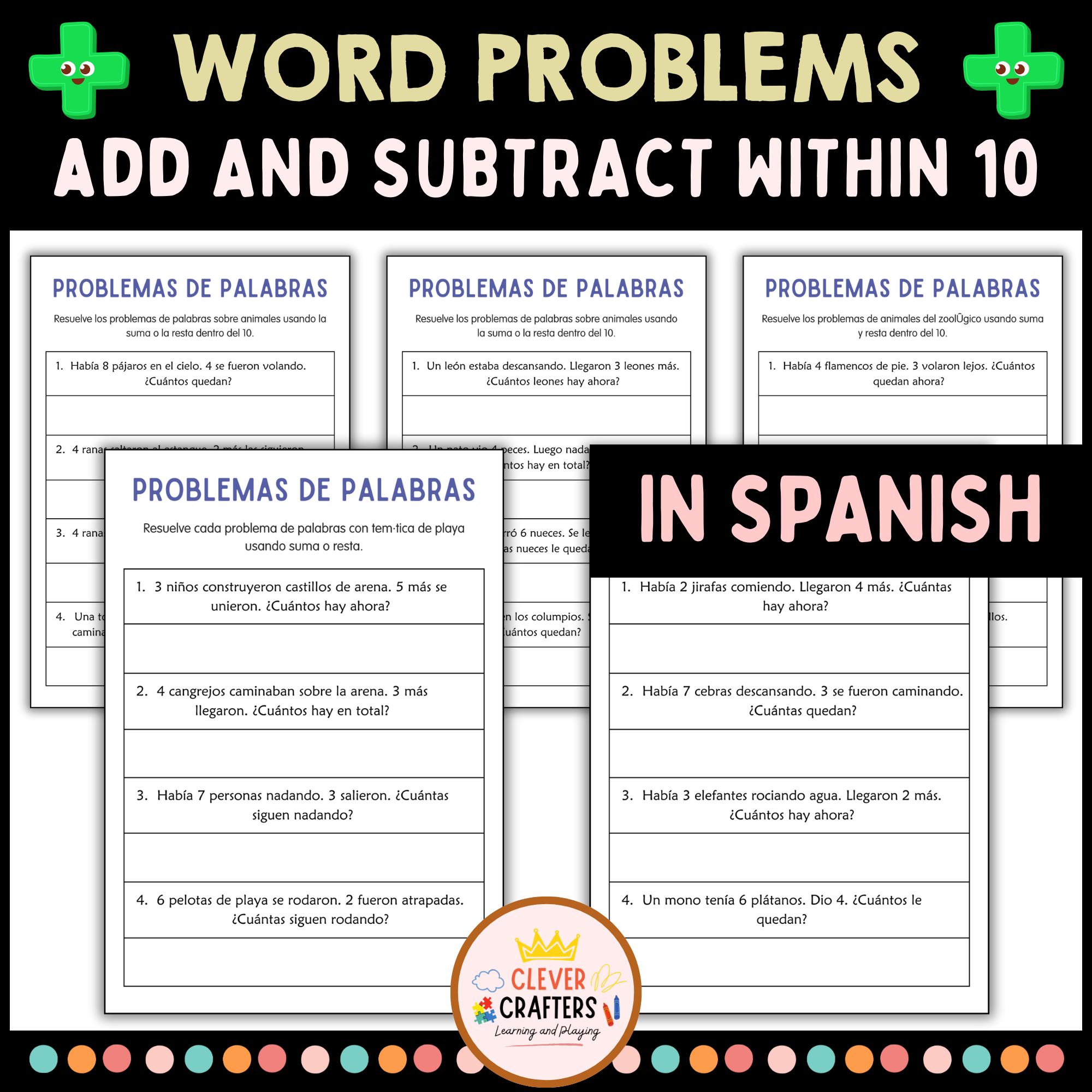 Addition and Subtraction Word Problems Within 10 Worksheets in Spanish
