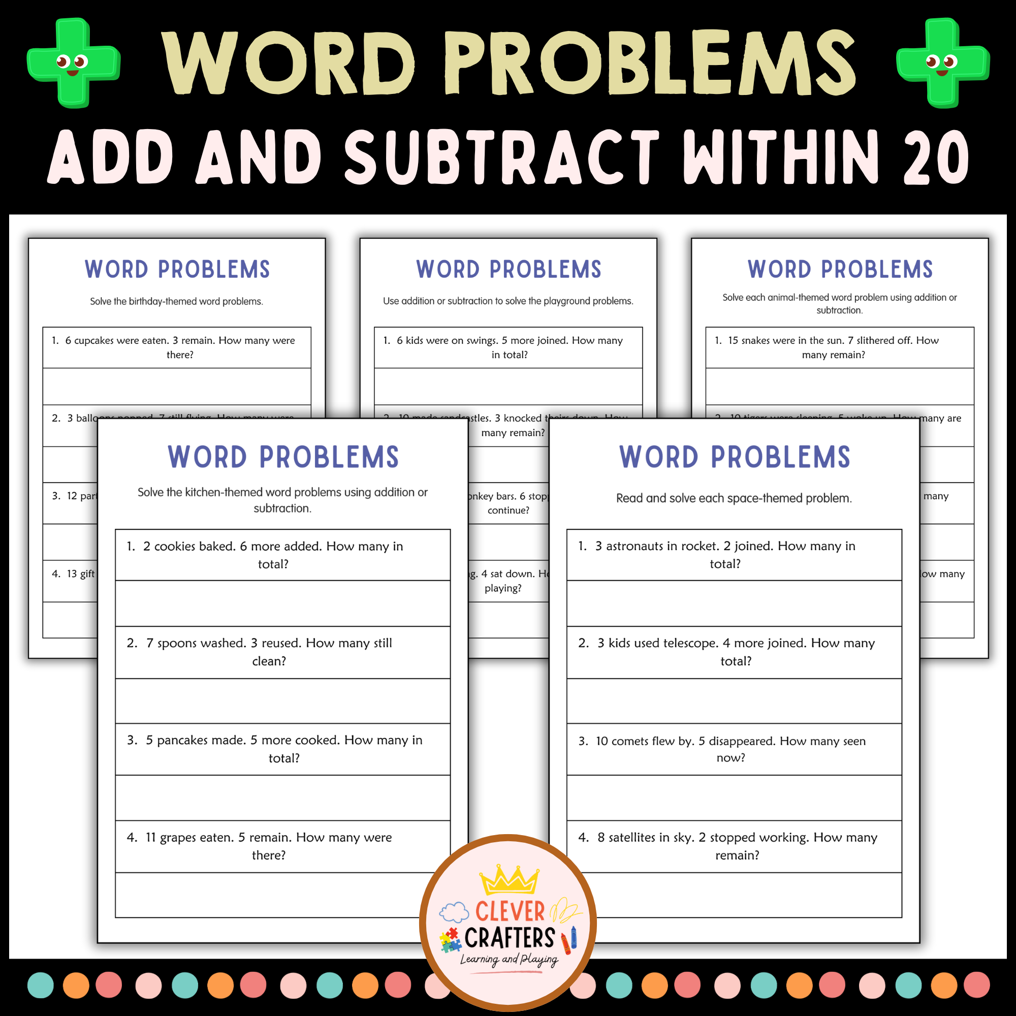 Addition and Subtraction Word Problems Within 20 Worksheets for Grade 1 ...