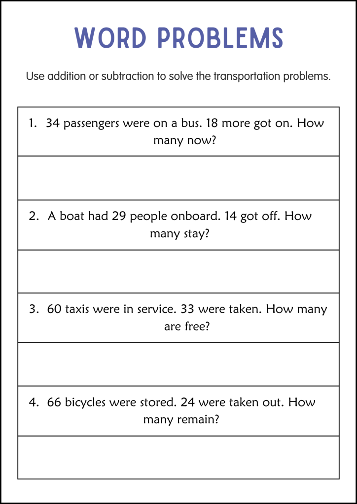 Addition and Subtraction Word Problems Within 100 Worksheets for Grade ...