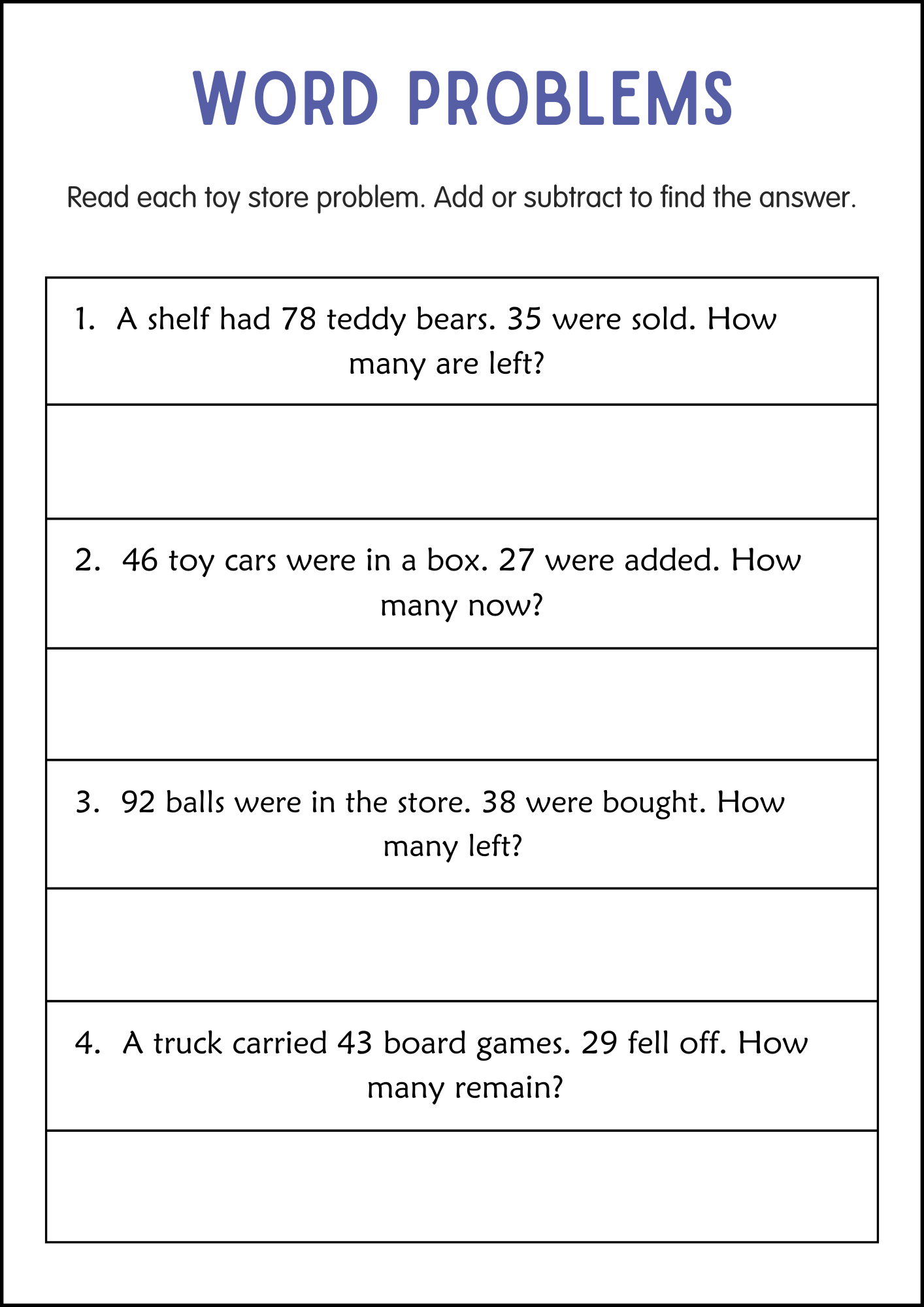 Addition and Subtraction Word Problems Within 100 Worksheets for Grade ...