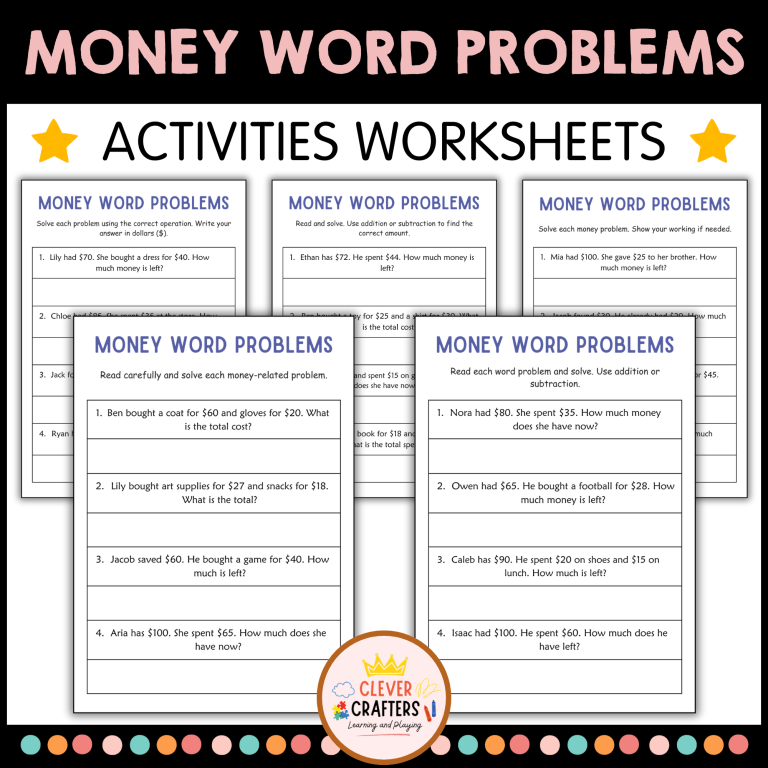Addition and Subtraction Money Word Problems Math Worksheets for Grade ...