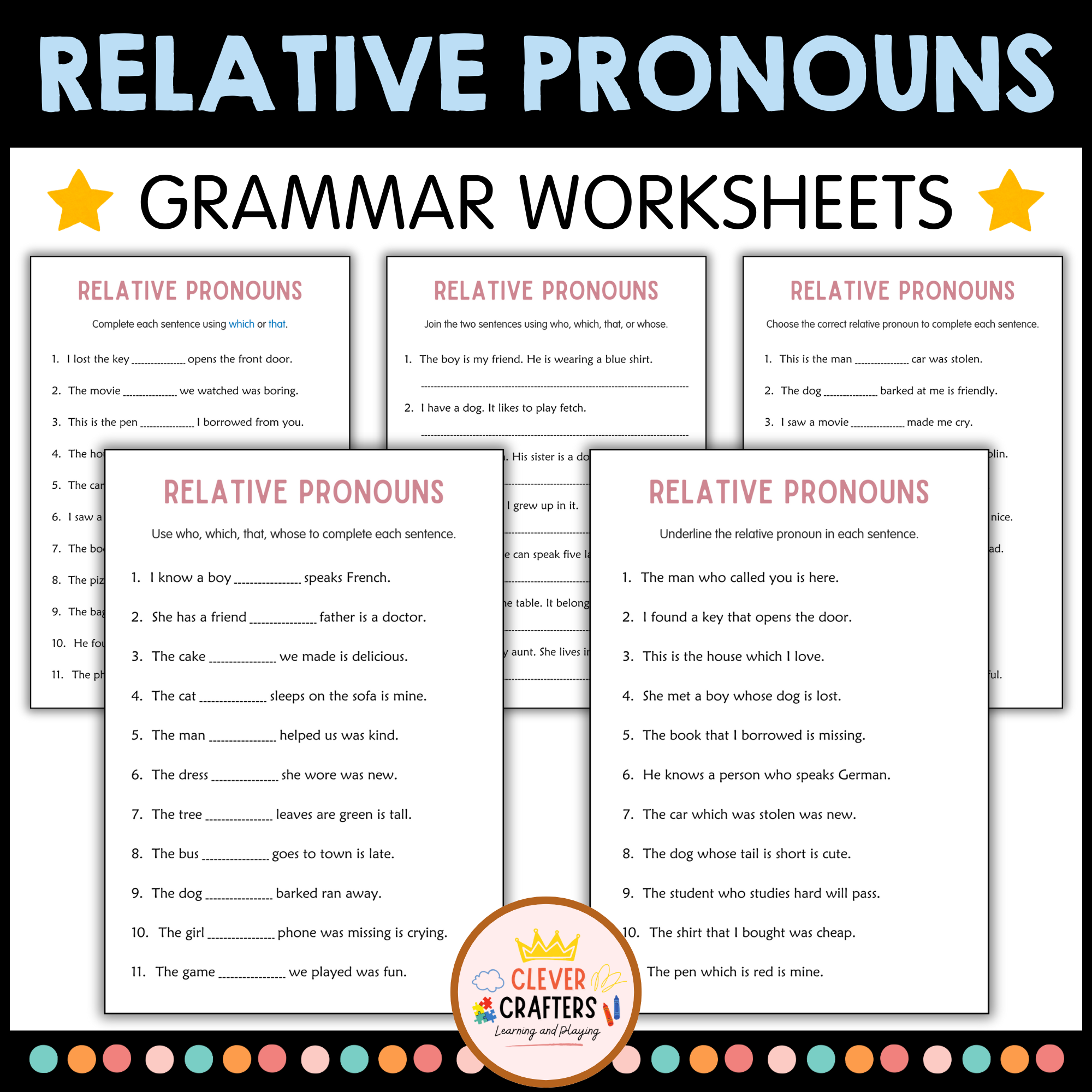 Printable Relative Pronouns Practice Grammar Worksheets for Grade 2, 3, 4
