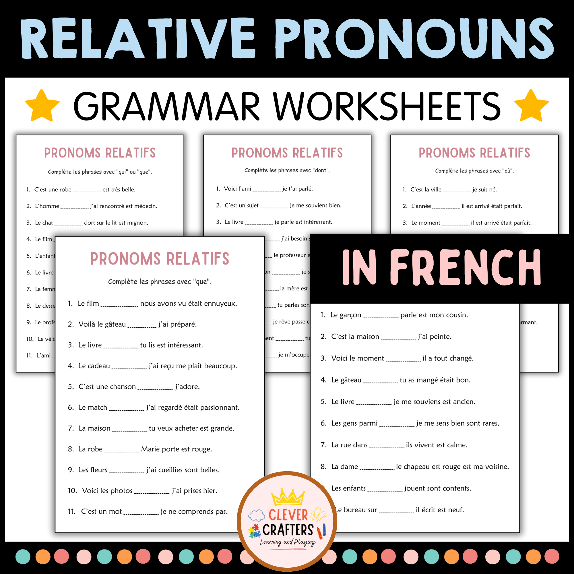Relative Pronouns Practice Grammar Worksheets in French for Grade 2, 3, 4