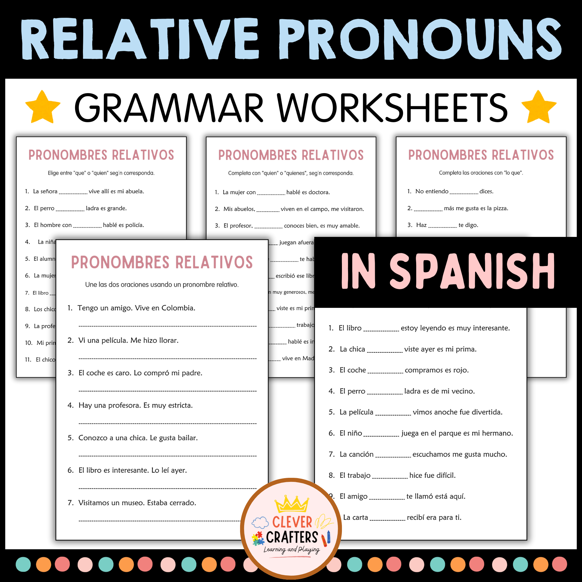 Spanish Relative Pronouns Practice Grammar Worksheets for Grade 2, 3, 4