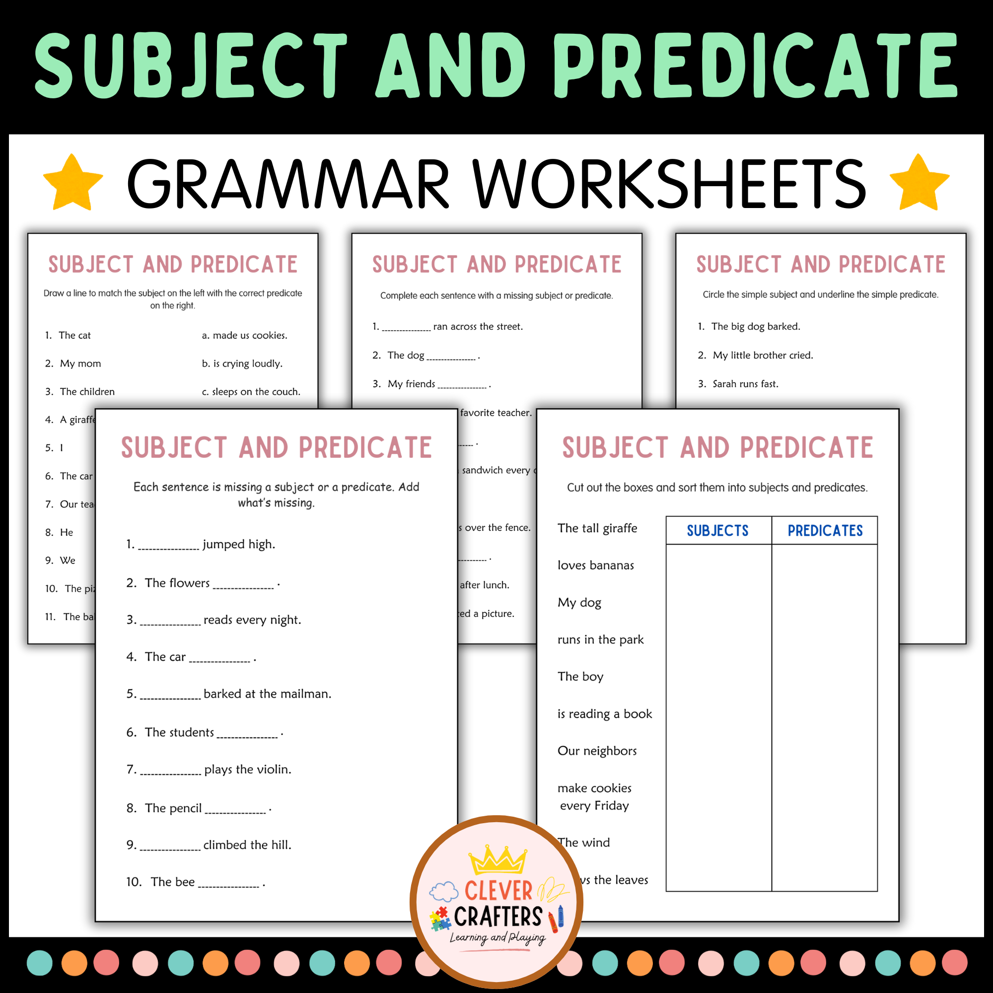 Subjects and Predicates - Sentence Structure Grammar Worksheet for Grade 2, 3, 4