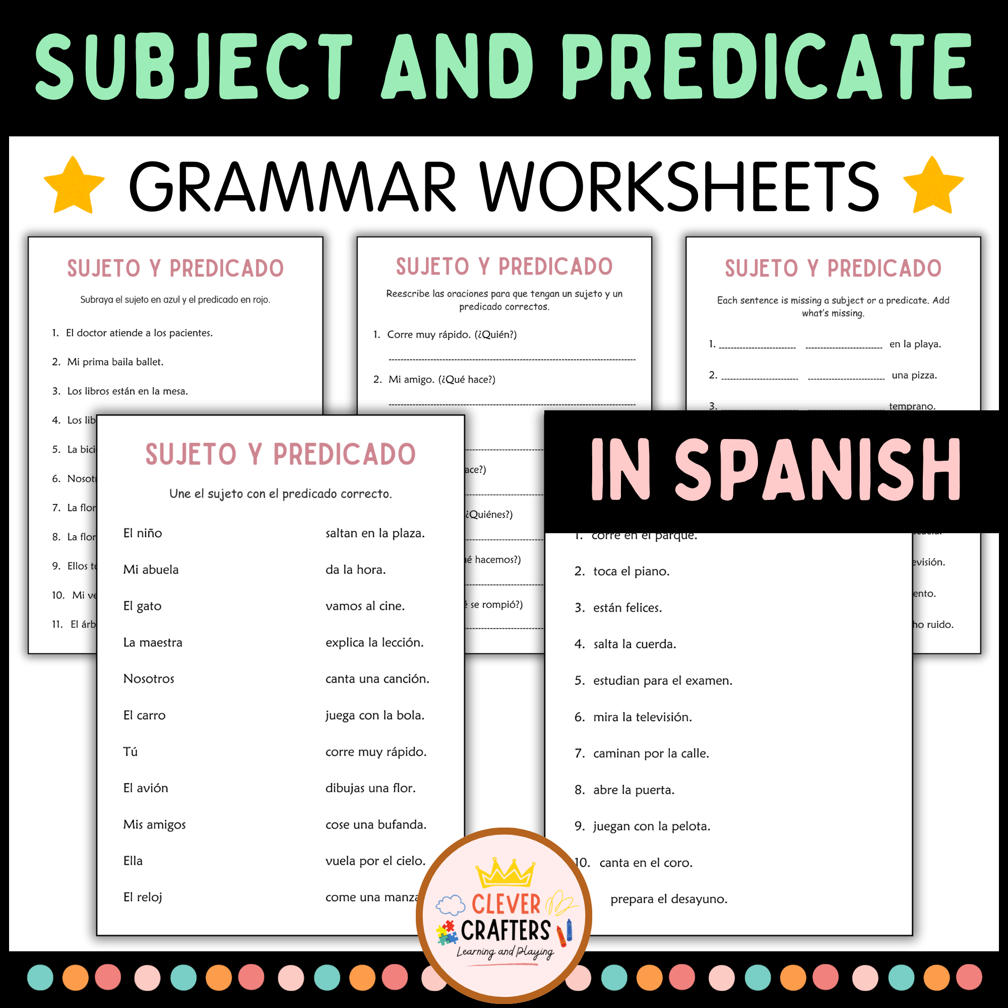 Spanish Subjects and Predicates - Sentence Structure Worksheets for Grade 2, 3