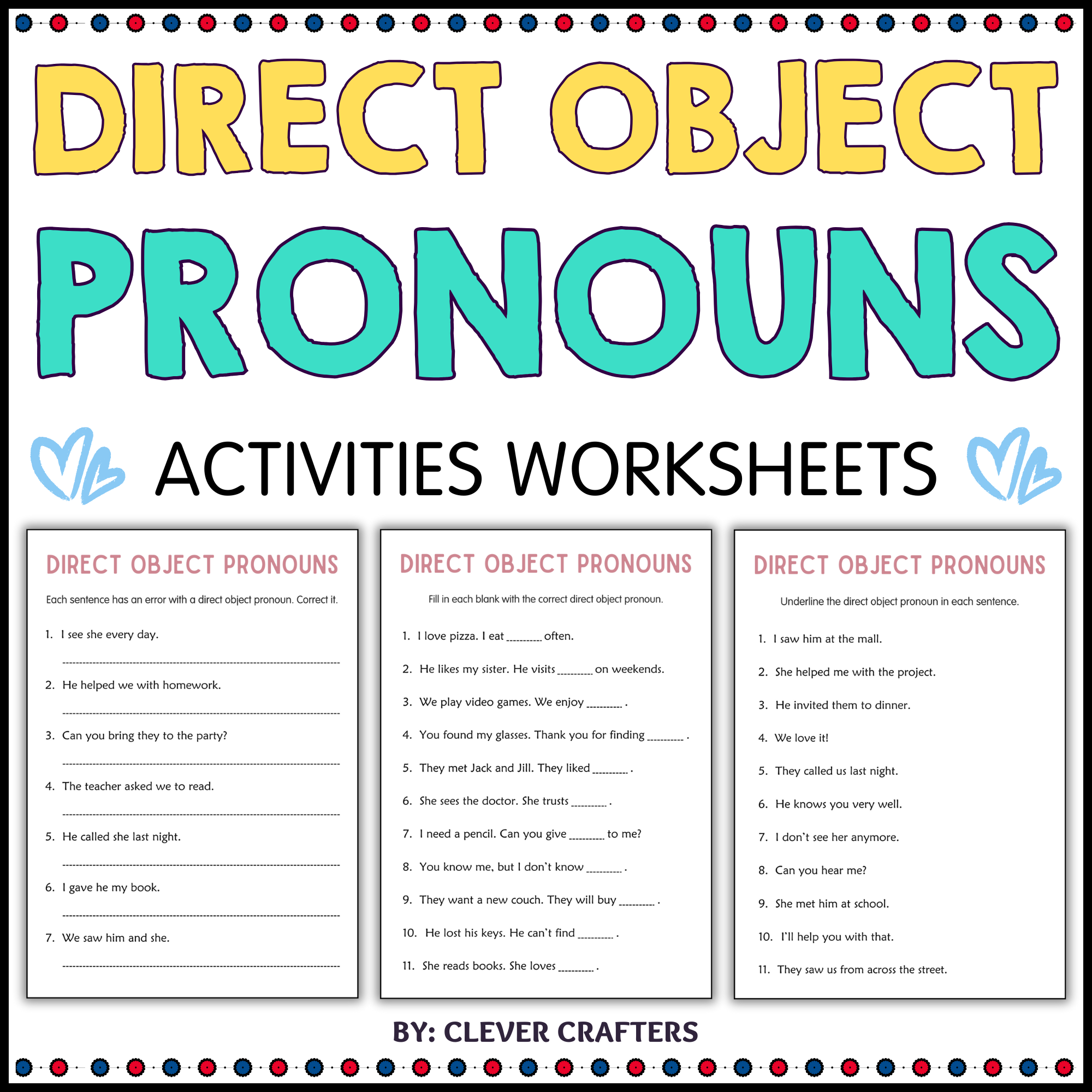 Printable Direct Object Pronouns Practice Grammar Worksheets for Grade 2, 3, 4