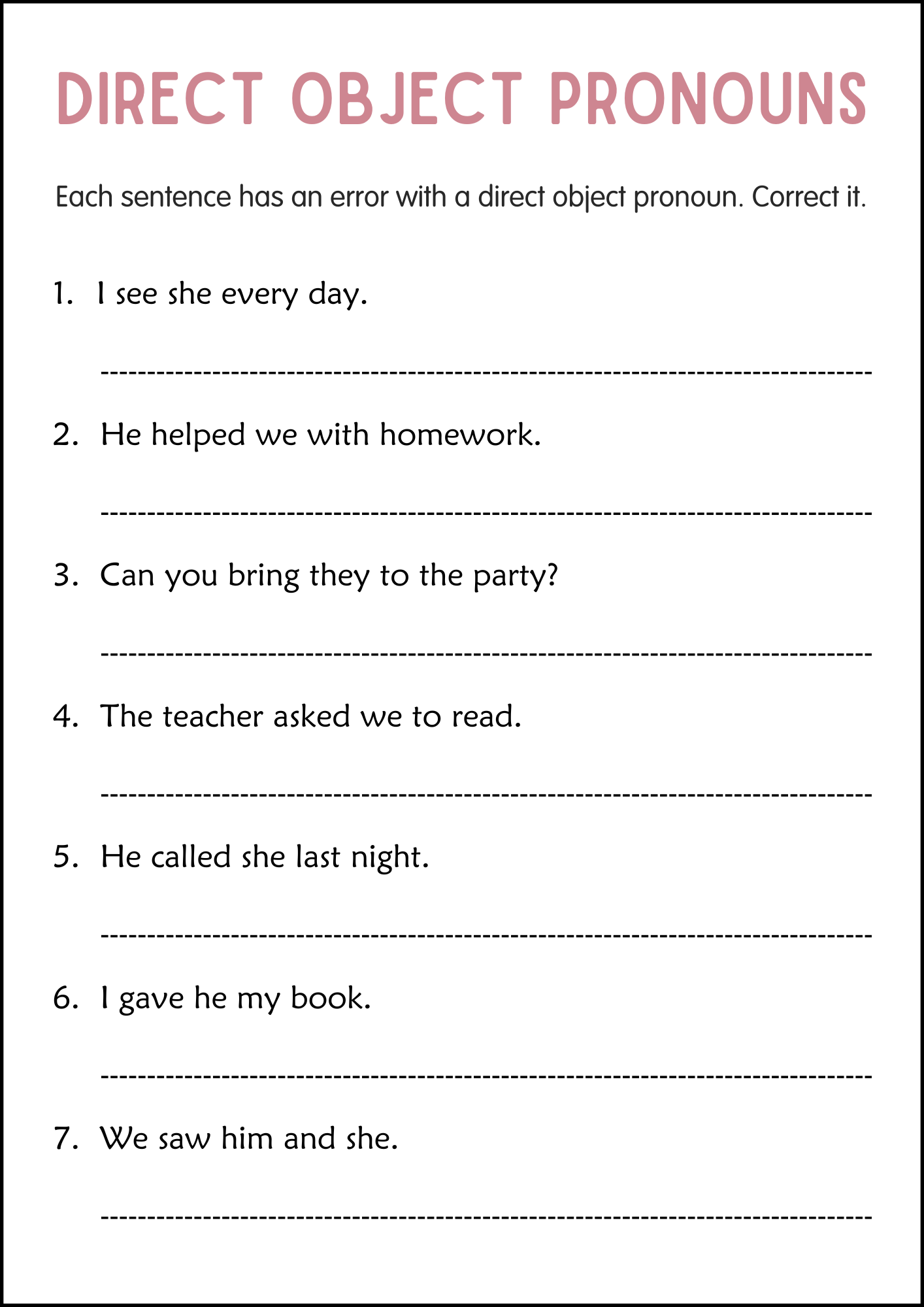 Printable Direct Object Pronouns Practice Grammar Worksheets for Grade ...