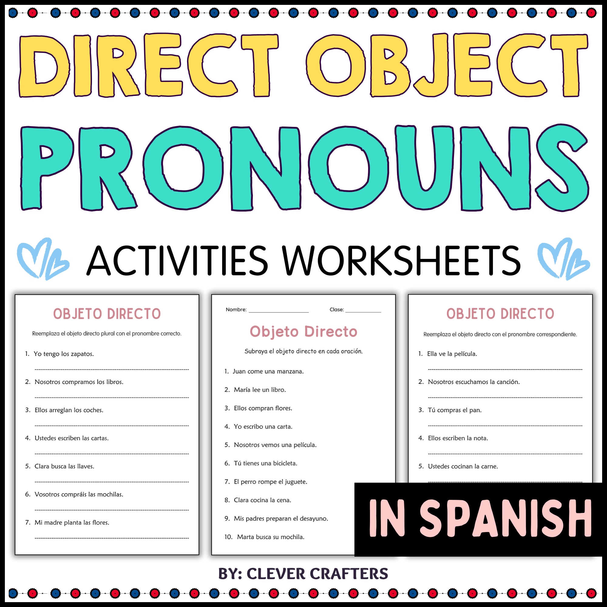 Direct Object Pronouns Practice Grammar Worksheets in Spanish for Grade 2, 3, 4
