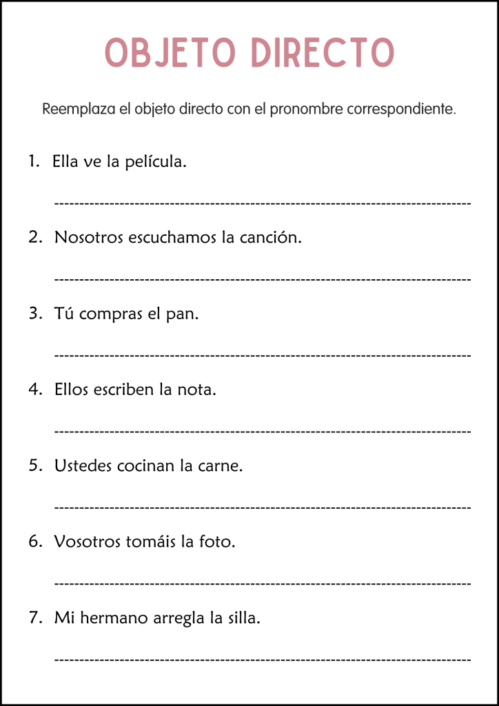 Direct Object Pronouns Practice Grammar Worksheets in Spanish for Grade ...