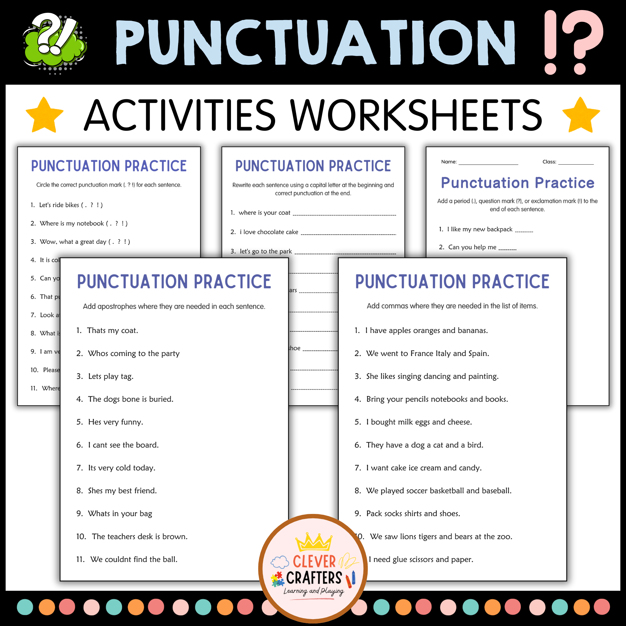Punctuation Practice Worksheets - Periods, Question Marks, Exclamation Points