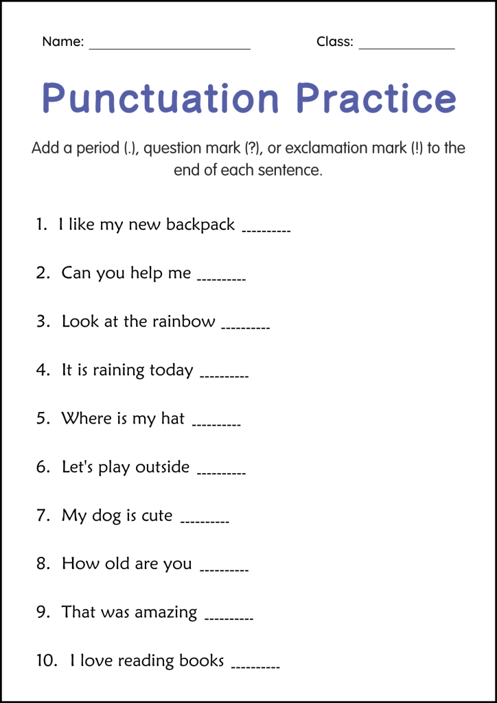 Punctuation Practice Worksheets - Periods, Question Marks, Exclamation ...