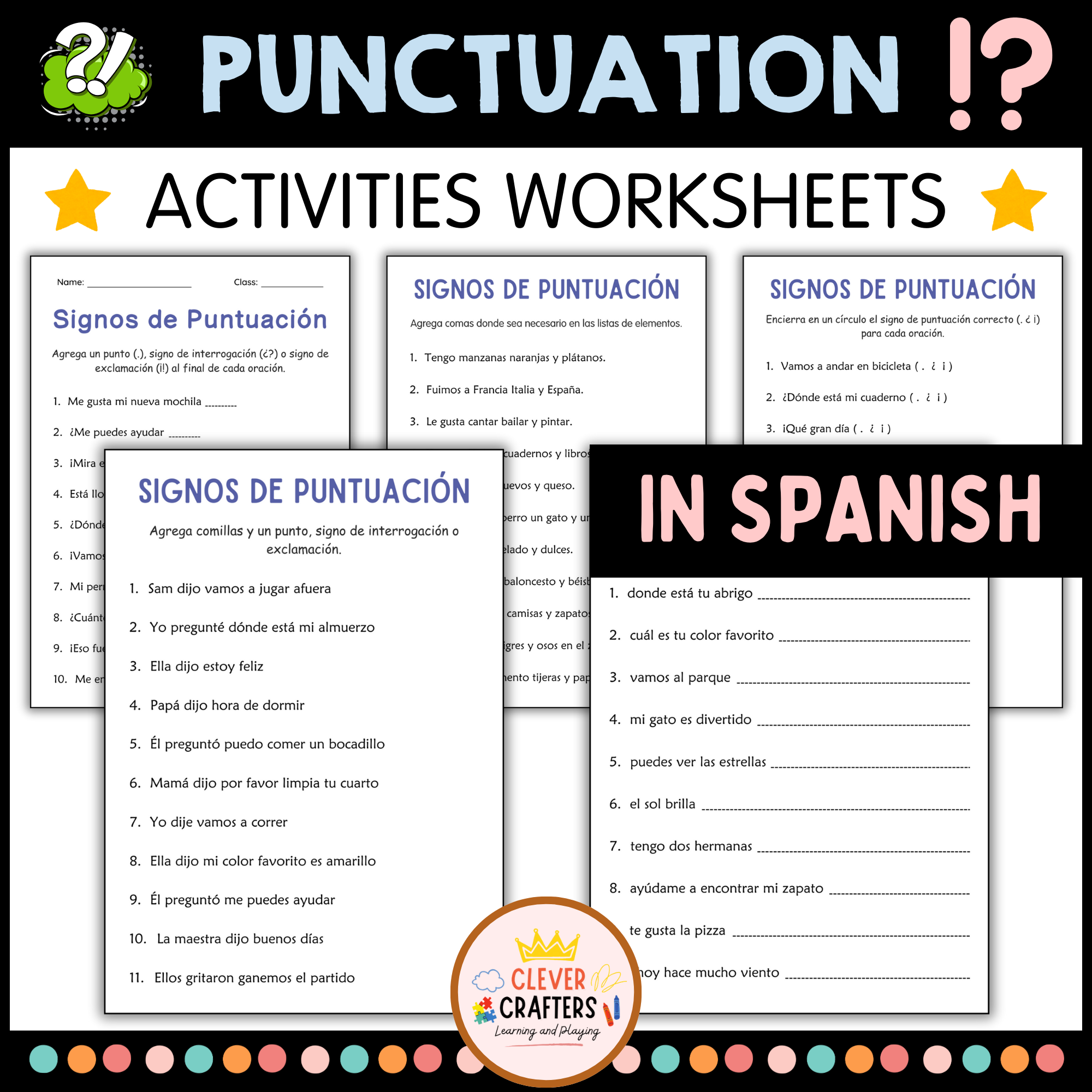 Punctuation Marks Practice Worksheets in Spanish for Grade 2, 3