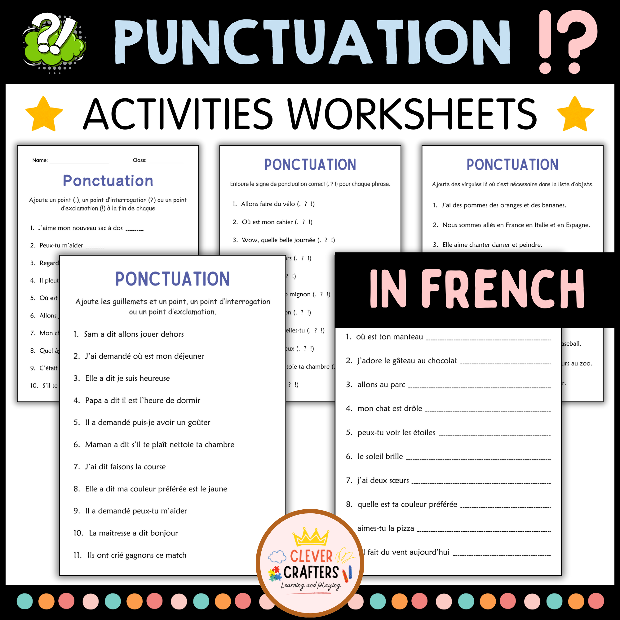 Punctuation Marks Practice Worksheets in French for Grade 2, 3