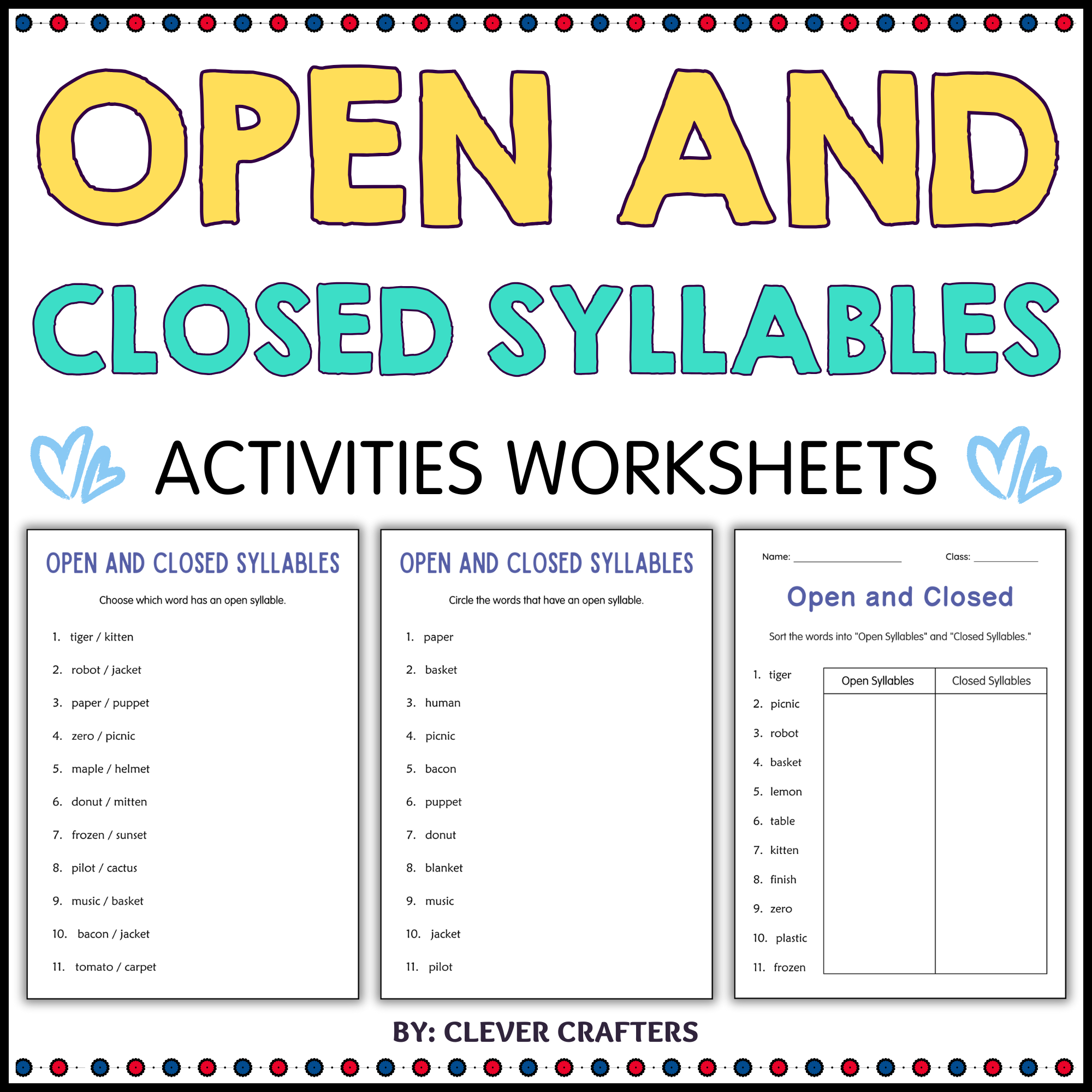 Printable Open and Closed Syllables Grammar Worksheets for Grade 1, 2, 3