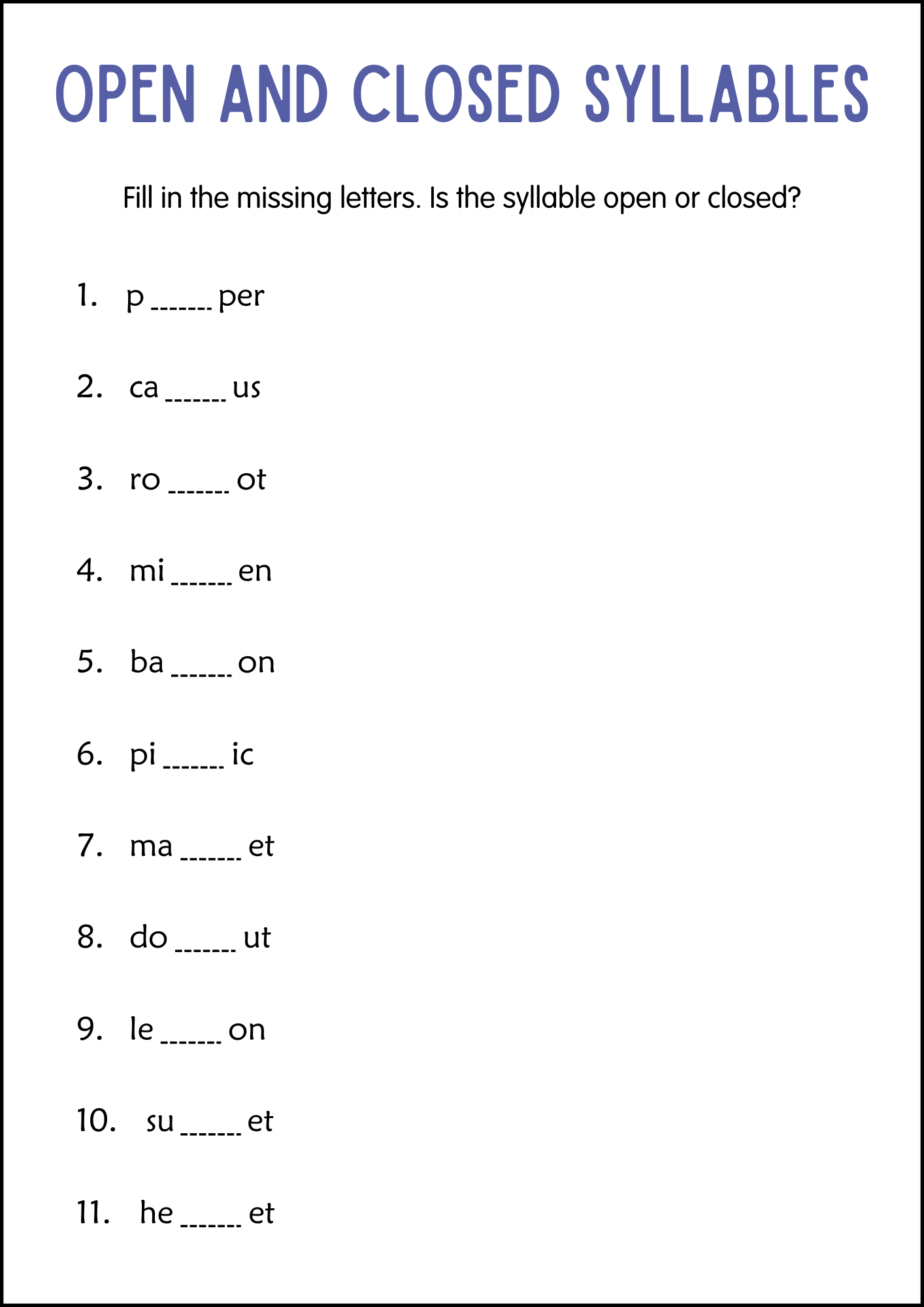 Printable Open and Closed Syllables Grammar Worksheets for Grade 1, 2 ...