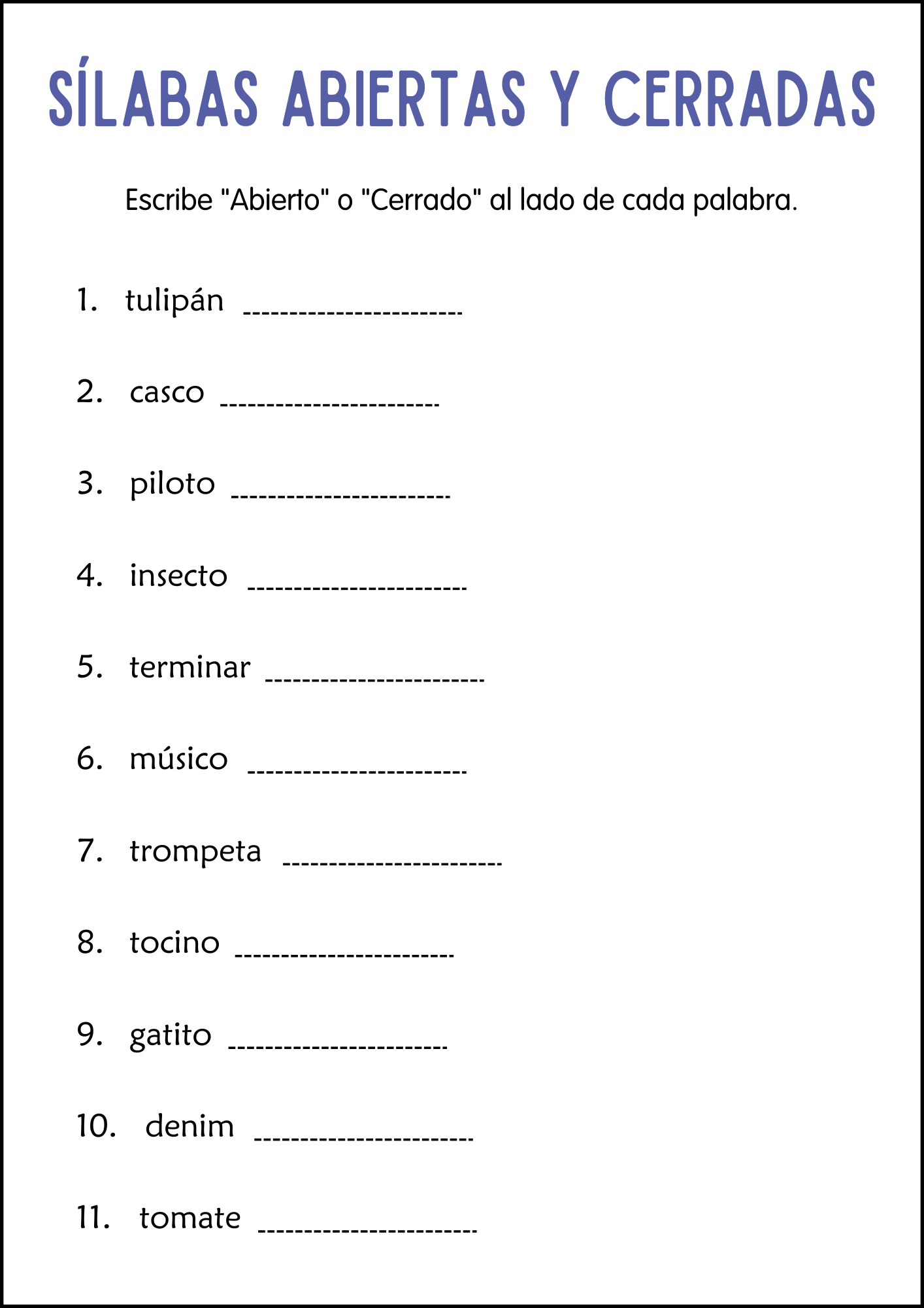 Open and Closed Syllables Worksheets in Spanish - Sílabas Abiertas y Cerradas