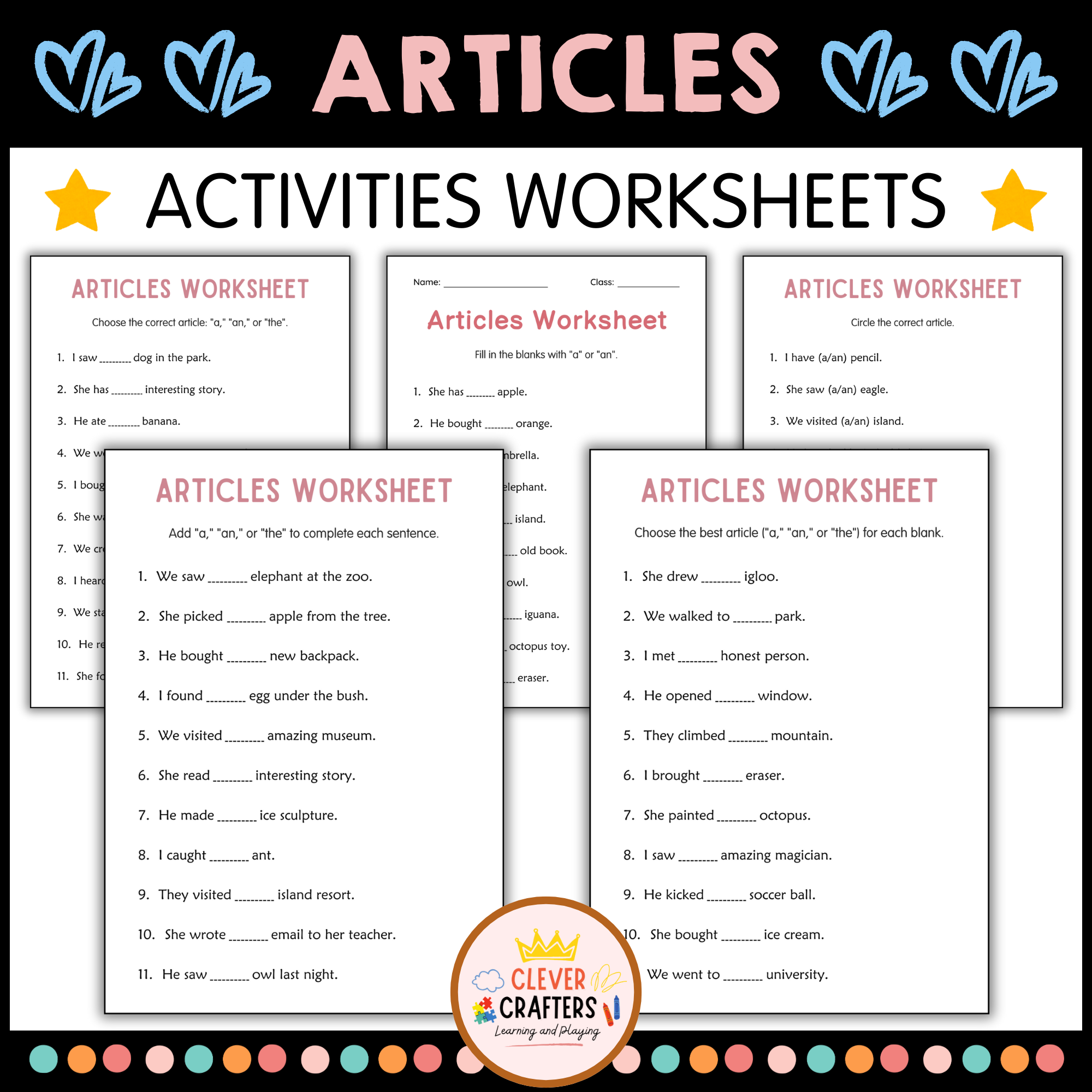 Printable Articles (a, an, the) English Grammar Worksheets for Grade 1, 2, 3